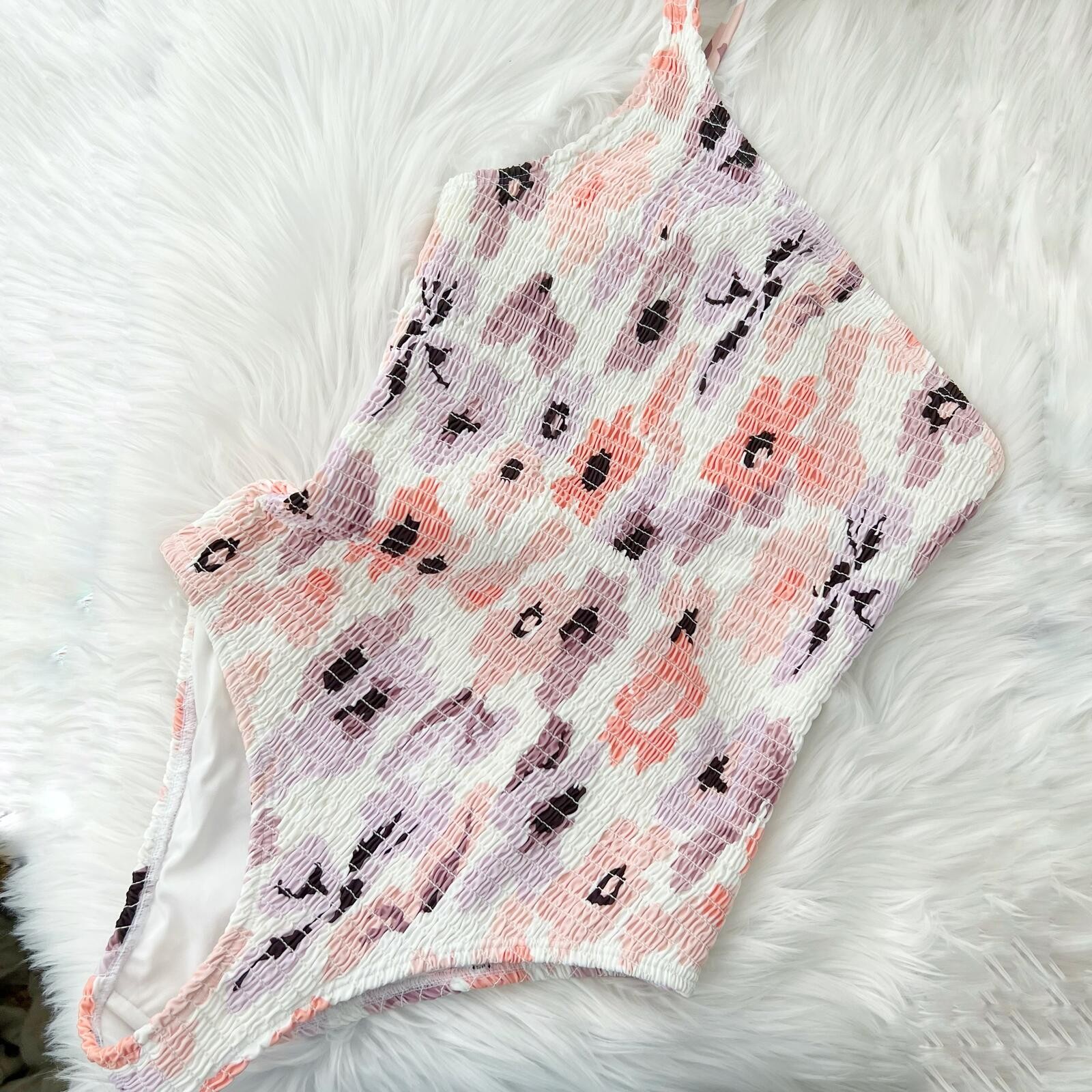 Peony Australia One Shoulder Smocked Floral One Piece Swimsuit Size 10 Pink