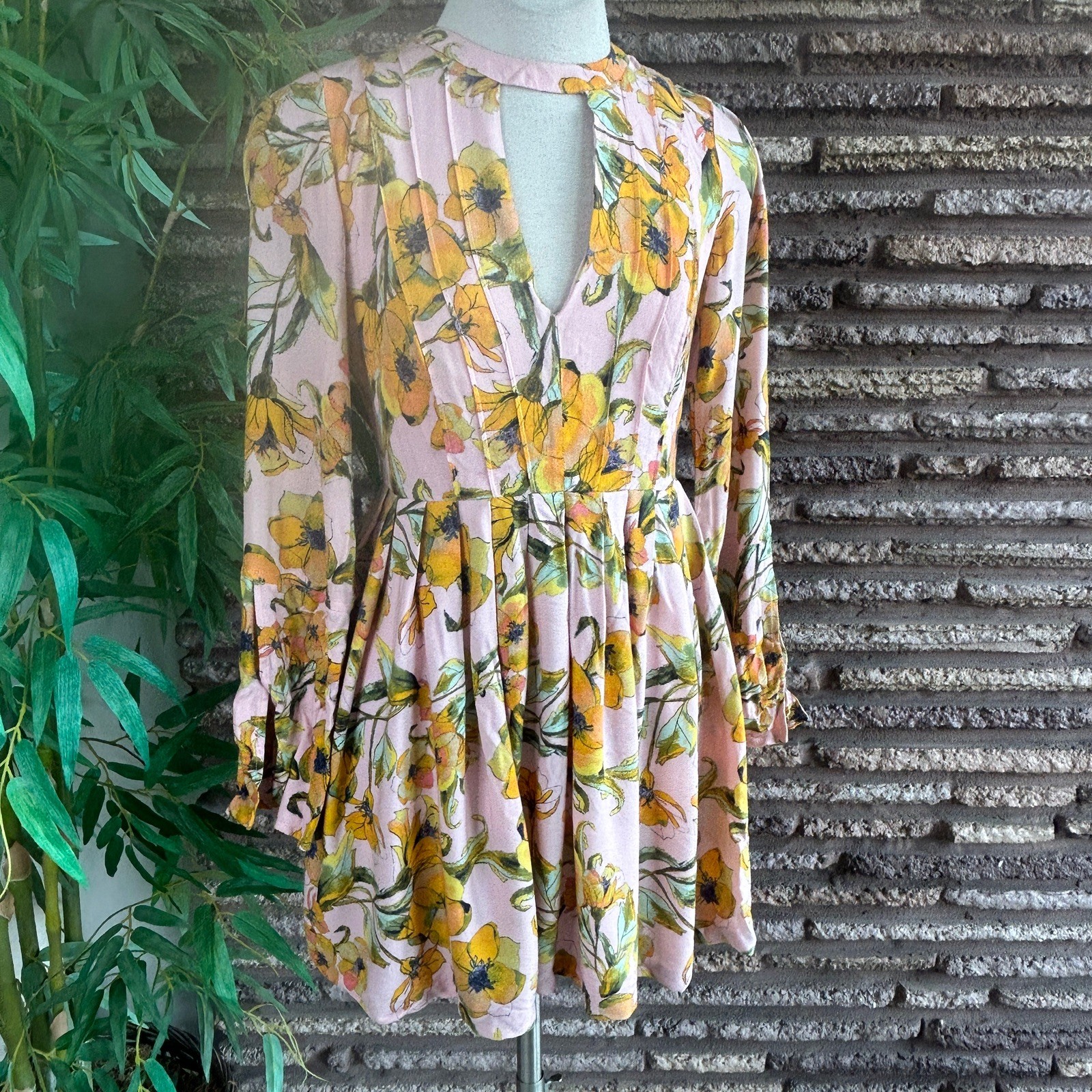 Free People Dress Tegan Floral Cutout V-Neck Pleated Long Sleeve Mini Skater