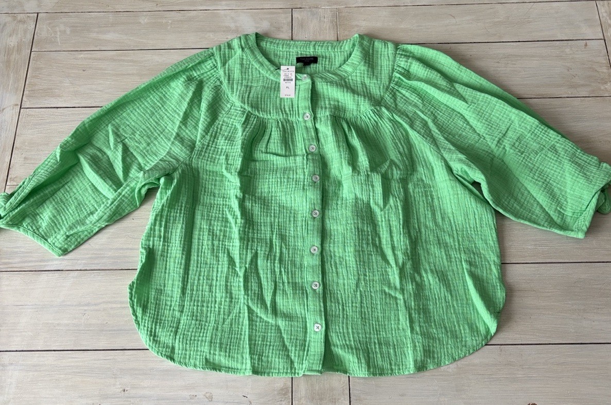 Talbots Petite NWT Green 100% Cotton Crinkly Gauze Blouse PL