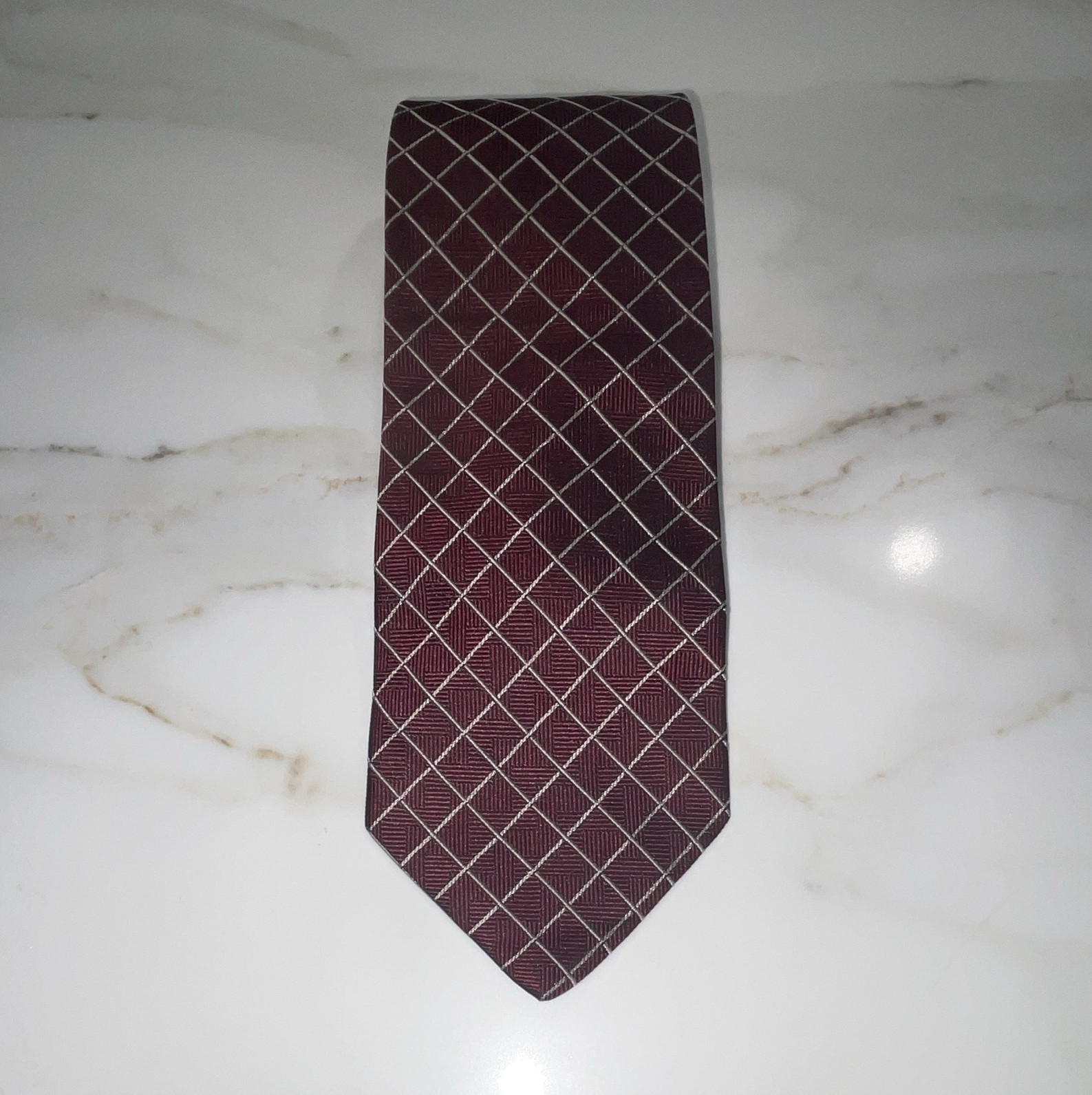 Ermenegildo Zegna Men’s Tie Burgundy/Silver Plaids & Checks Logo Accent