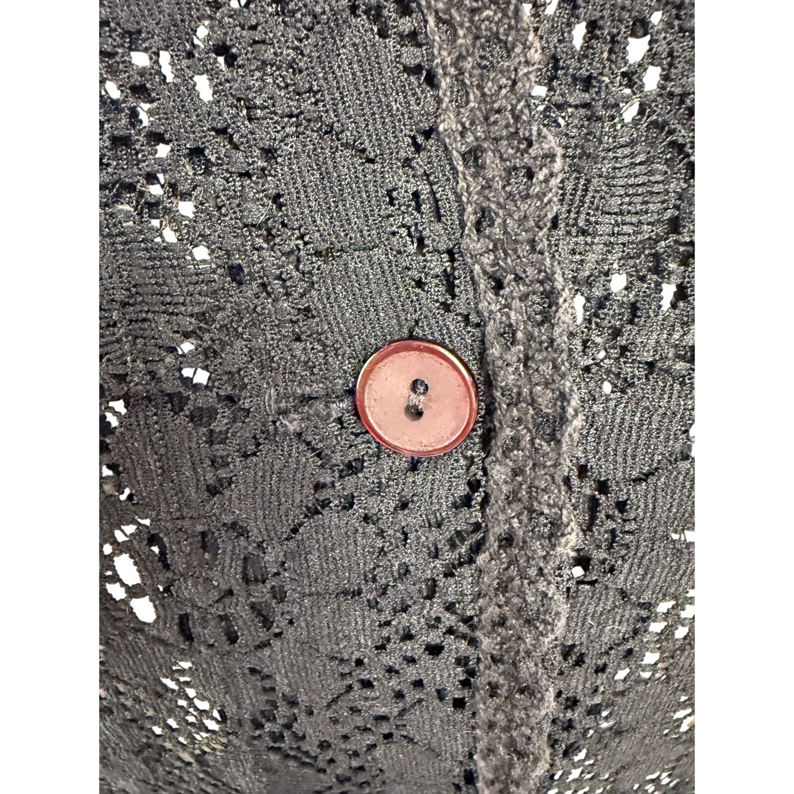 Black Lace Button-up with Side Darts, Wide Collar and Red Button Detail, Size M