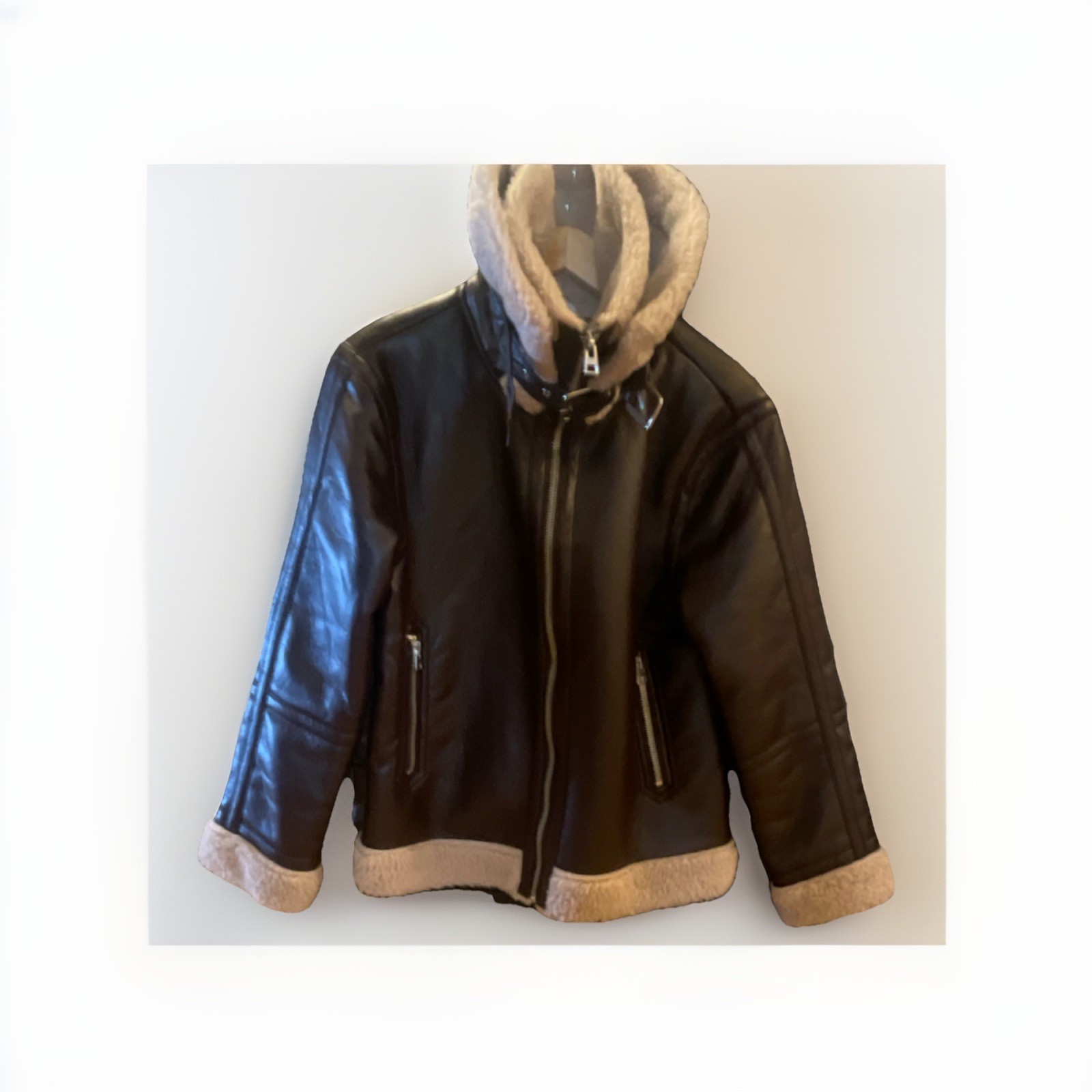 TOPSHOP Shearling Lined Biker Jacket Fur Trim Buckle Zip Brown US 4-6