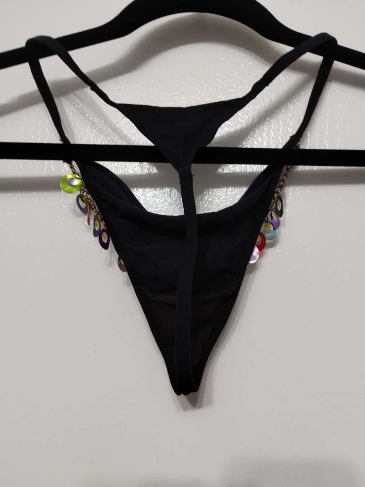 New Vintage Black Size L Thong With Removable Sequin Chain Body By Victoria