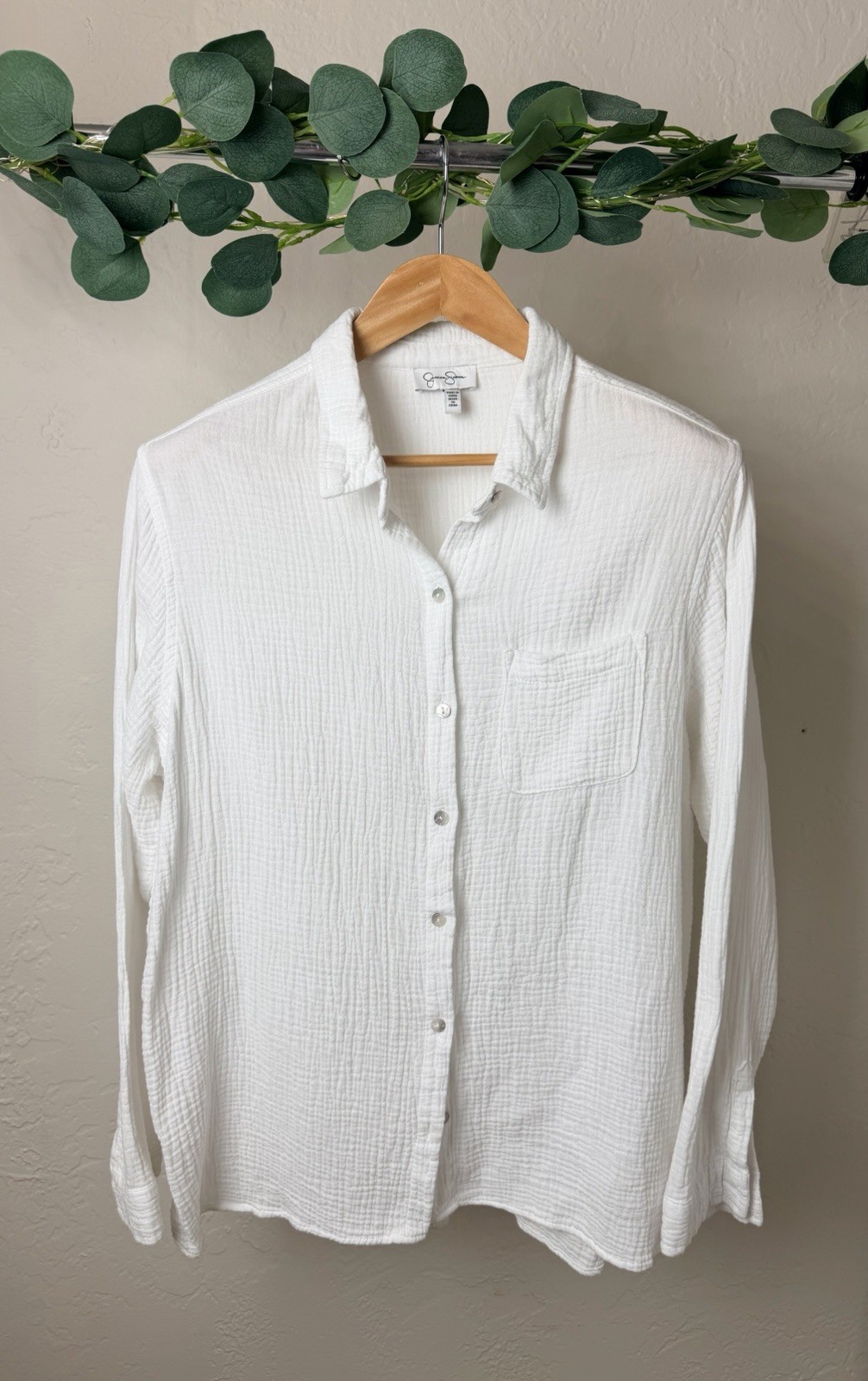 Jessica Simpson White Double Gauze Cotton Button Front Shirt XL Beach Coastal