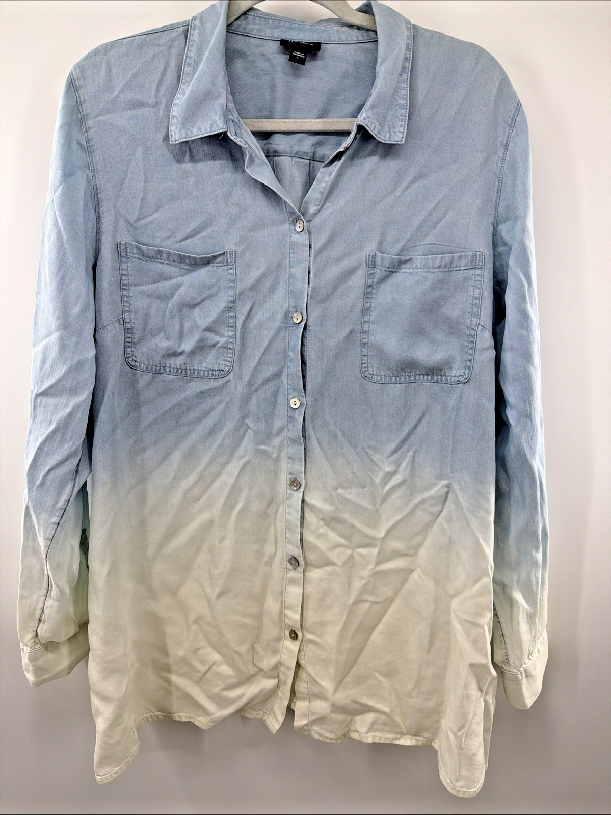 J. Jill Denim Button Up Top Blouse Ombre Women Size L Shirt Blue Oversized