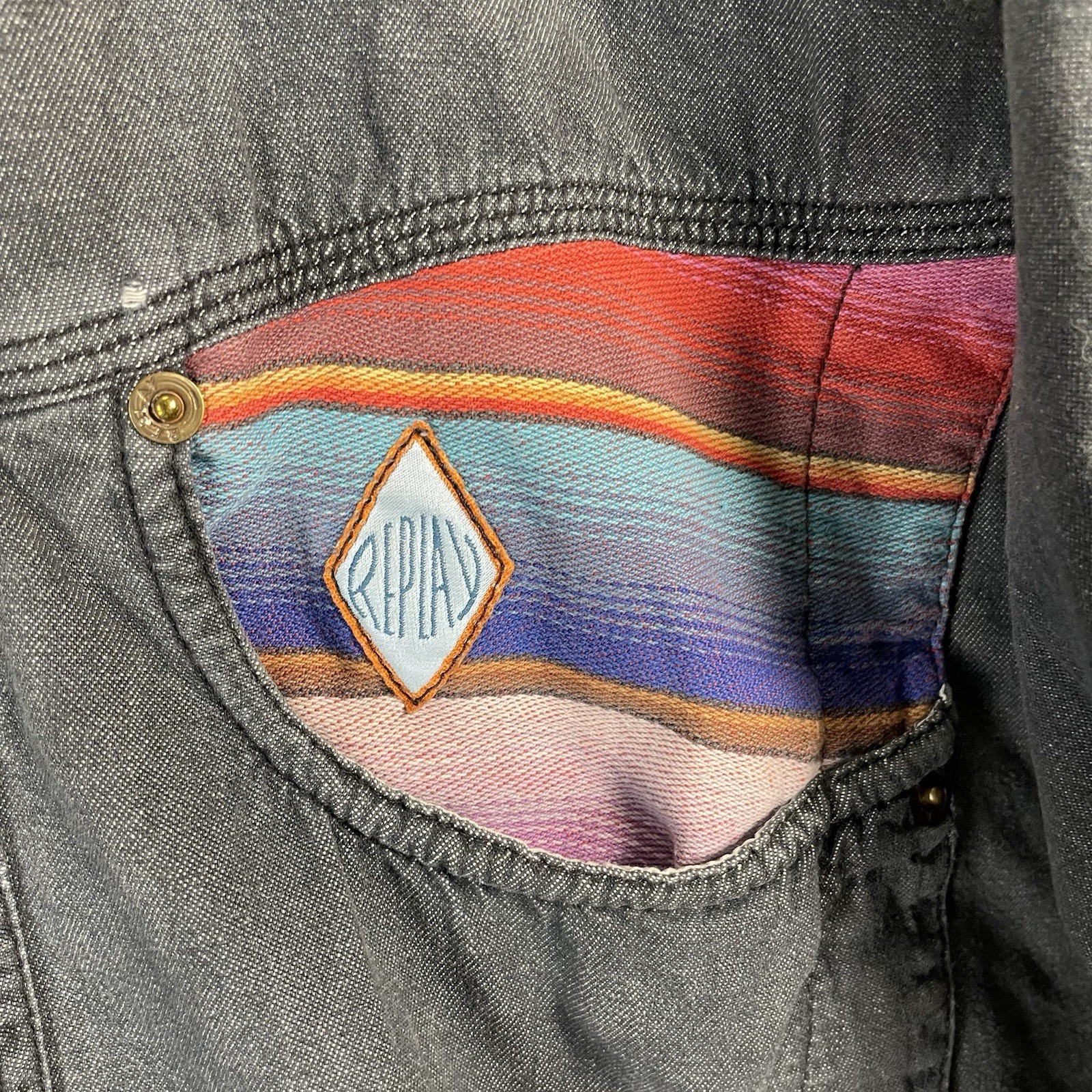 Replay Denim Chore Jacket Mens Large Grey Multicolour Aztec Panel Button Up