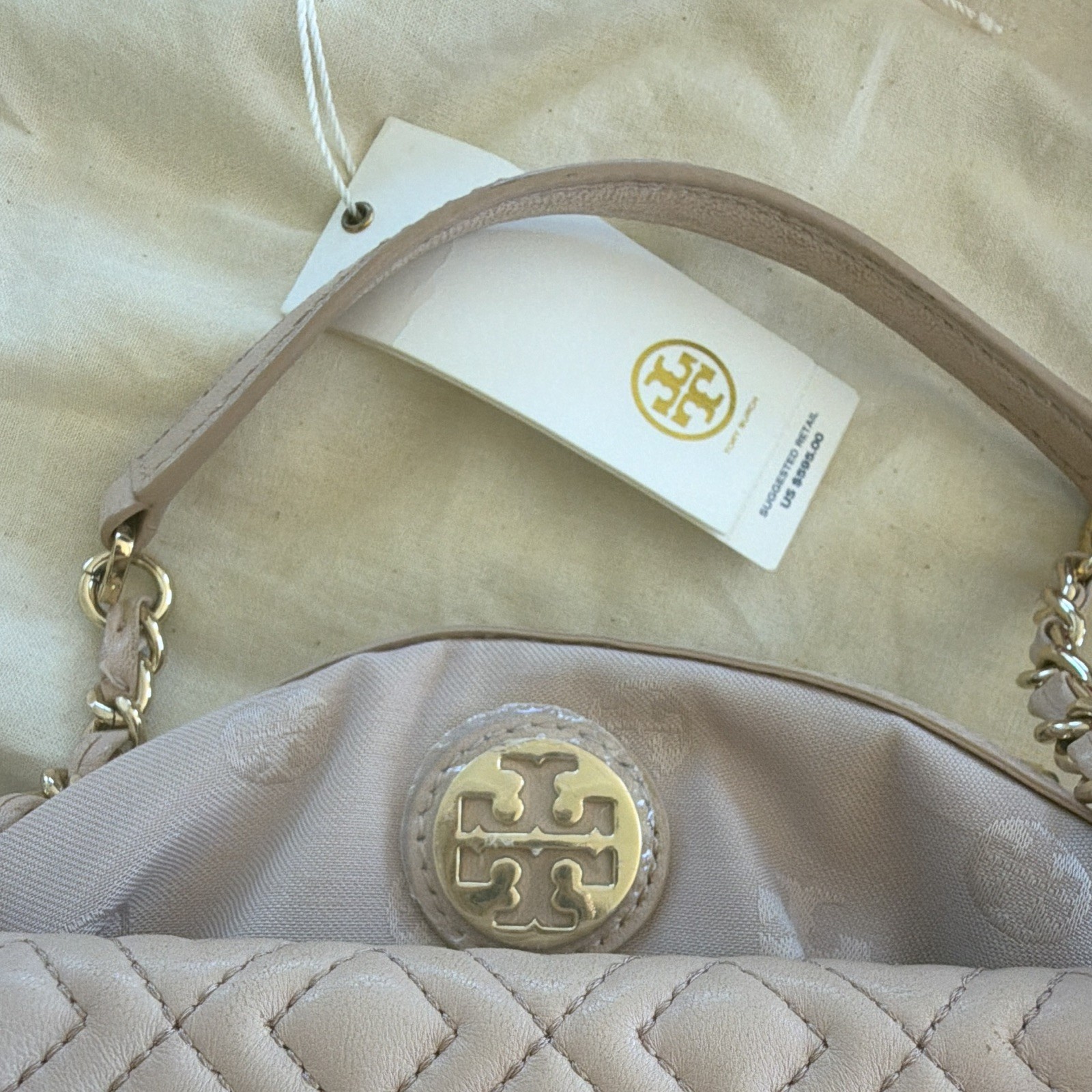 Tory Burch Beige Quilted Logo Shoulder Bag Chain Strap Zip Lined Gold HW