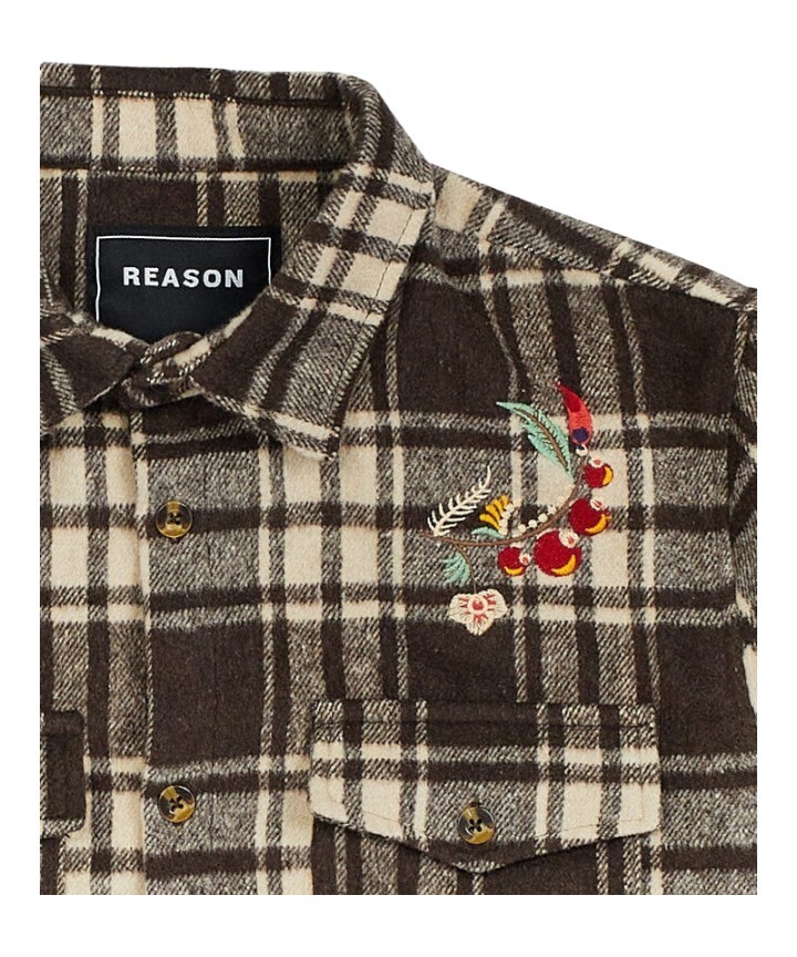 Reason Botanic Embroidered Flannel Overshirt Button Up Brown Men’s Size Medium
