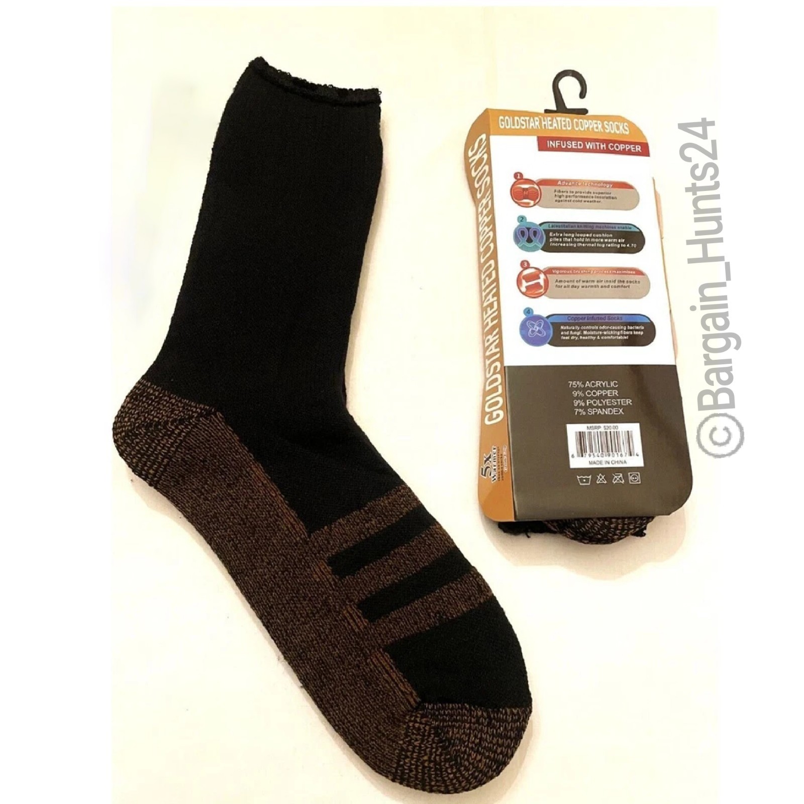 2 Pairs Goldstar Heated Copper Socks Black Athletic Relief Travel Running Energy