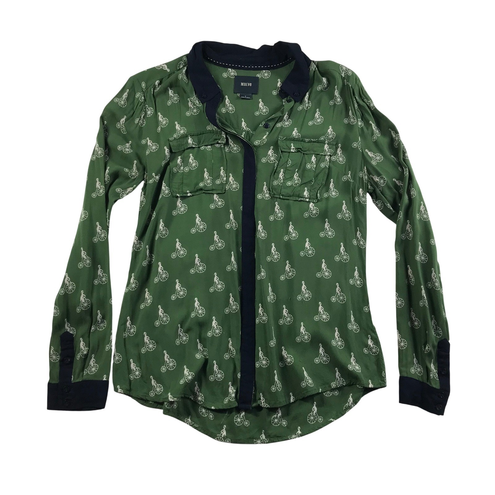Maeve Anthropologie Green Bicycle Print Button Down Blouse Navy Trim Size 8