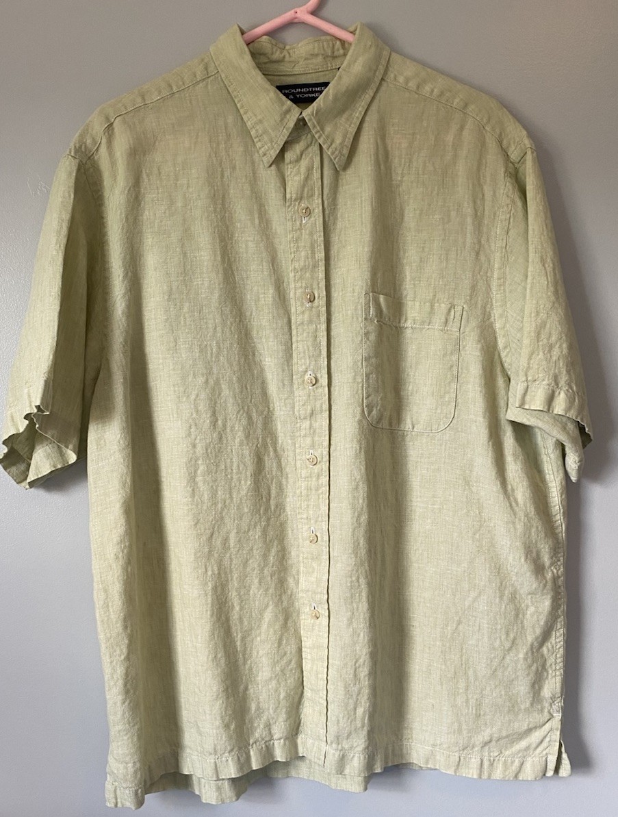 Roundtree And Yorke Men’s Linen XL Button Shirt Light Green Beach Casual Travel