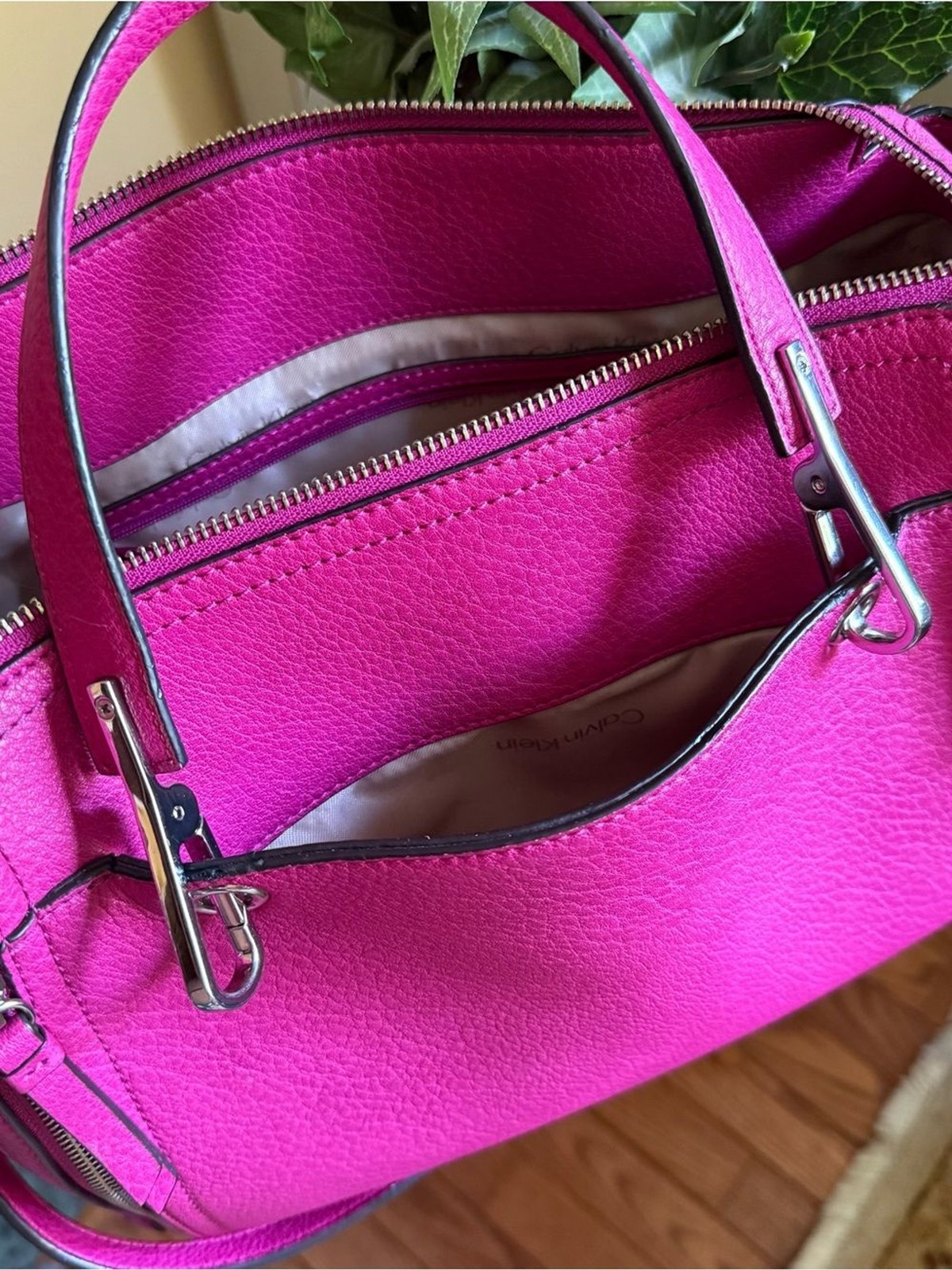 Calvin Klein Bright Fuchsia Pebbled Leather Satchel Tote with Silver Hardware