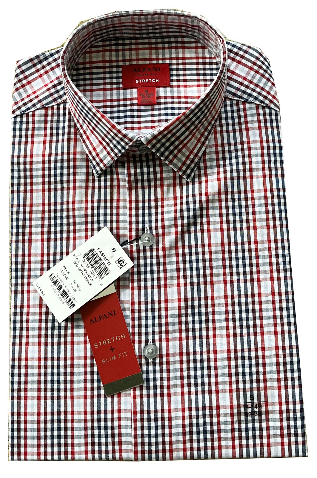 Alfani Men’s Slim-Fit Stretch Red Berry Black Checkered Dress / Shirt