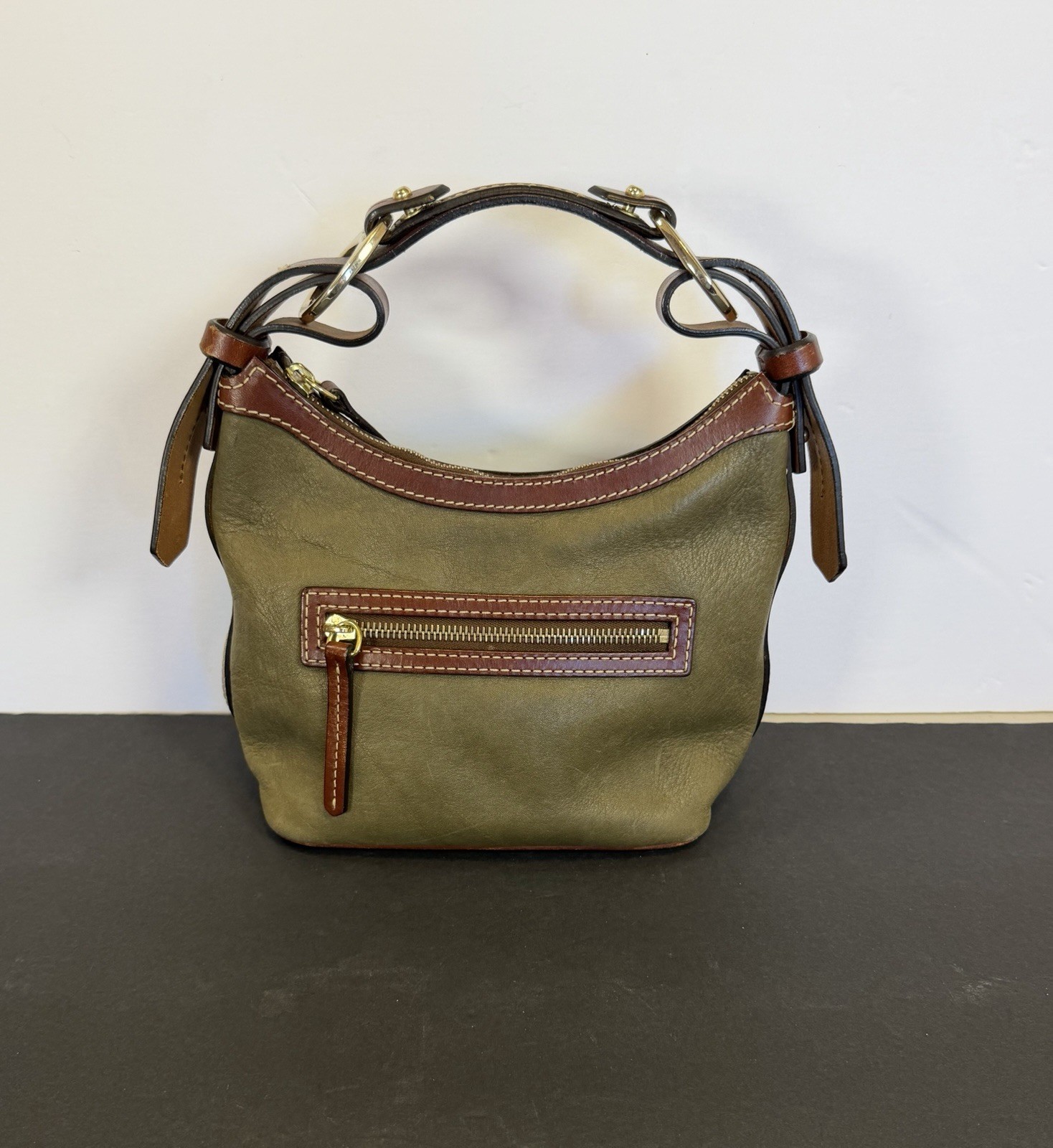 Vintage Dooney & Bourke All Weather Leather Olive Satchel Brown Trim Bag