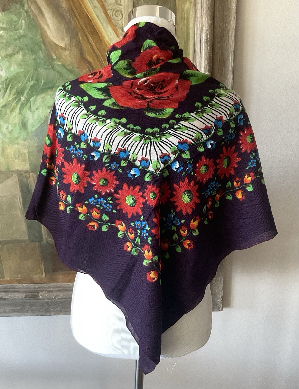 Vintage 42”x42” Vibrant Festive Multi-color Floral Scarf/Wrap/Shawl