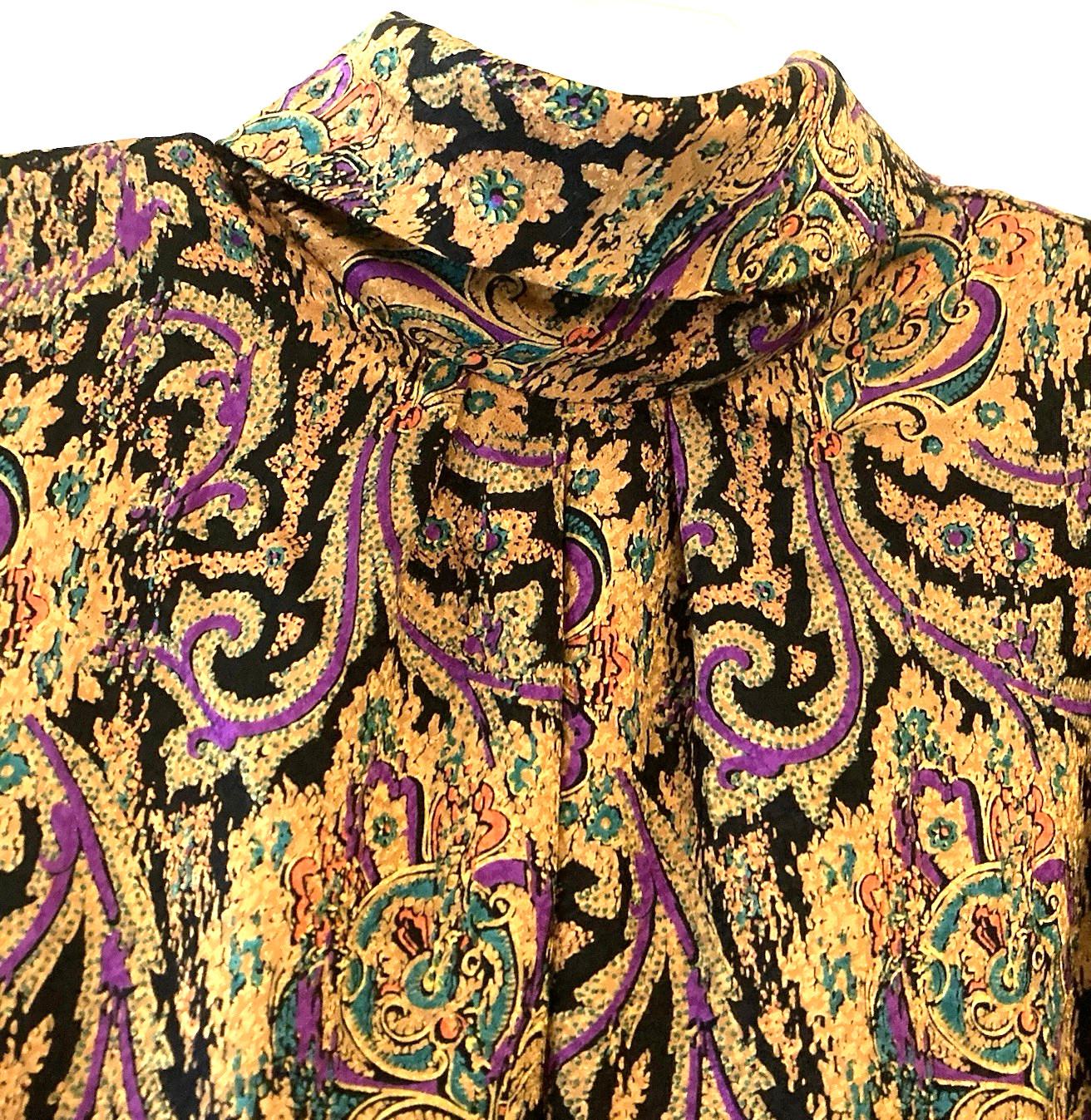 Vintage 80s NICOLA Satin Blouse Women’s Sz 8 Gold Paisley High Neck Long Sleeve
