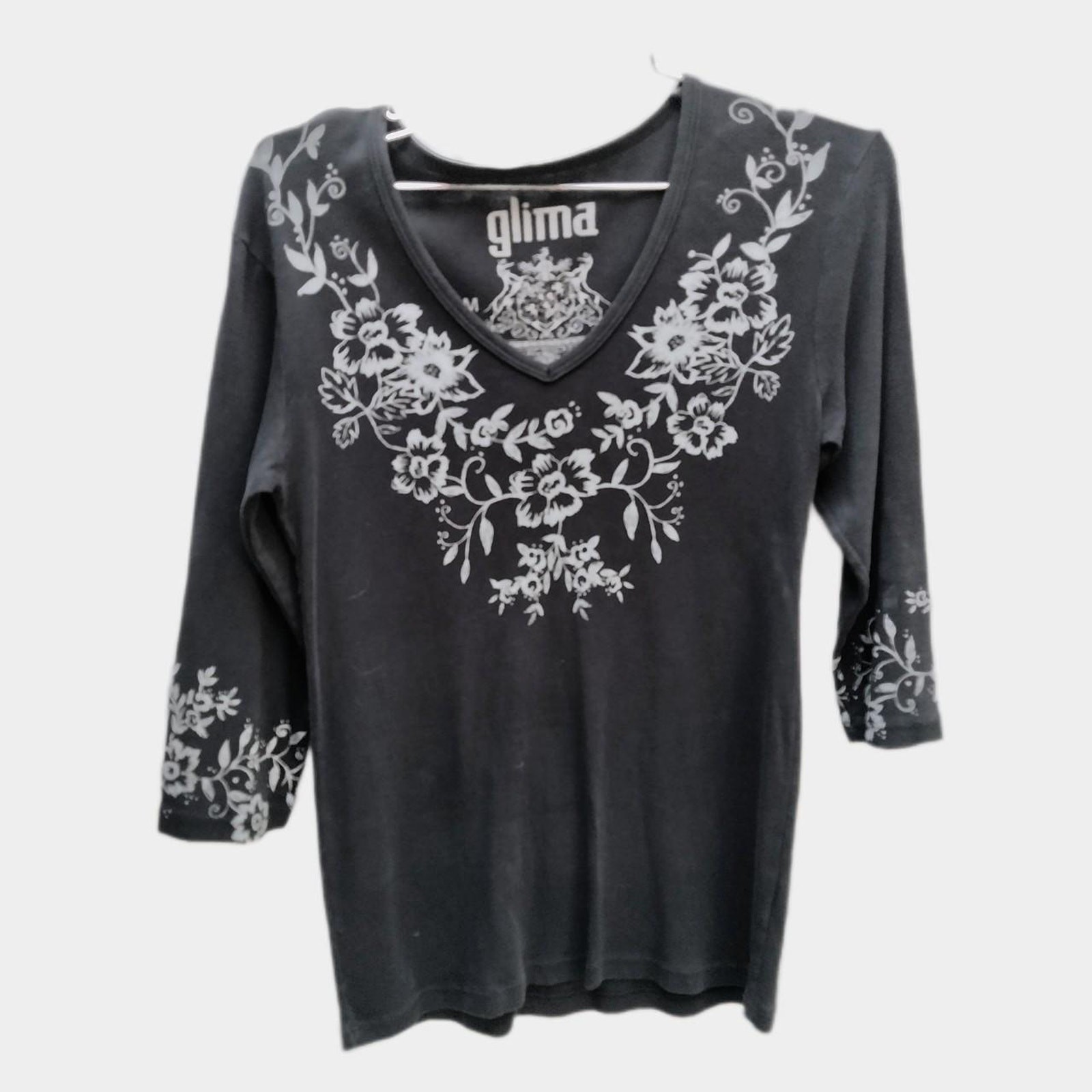 Glima Womens Black Artsy Floral V-Neck Top Cotton 3/4 Sleeves