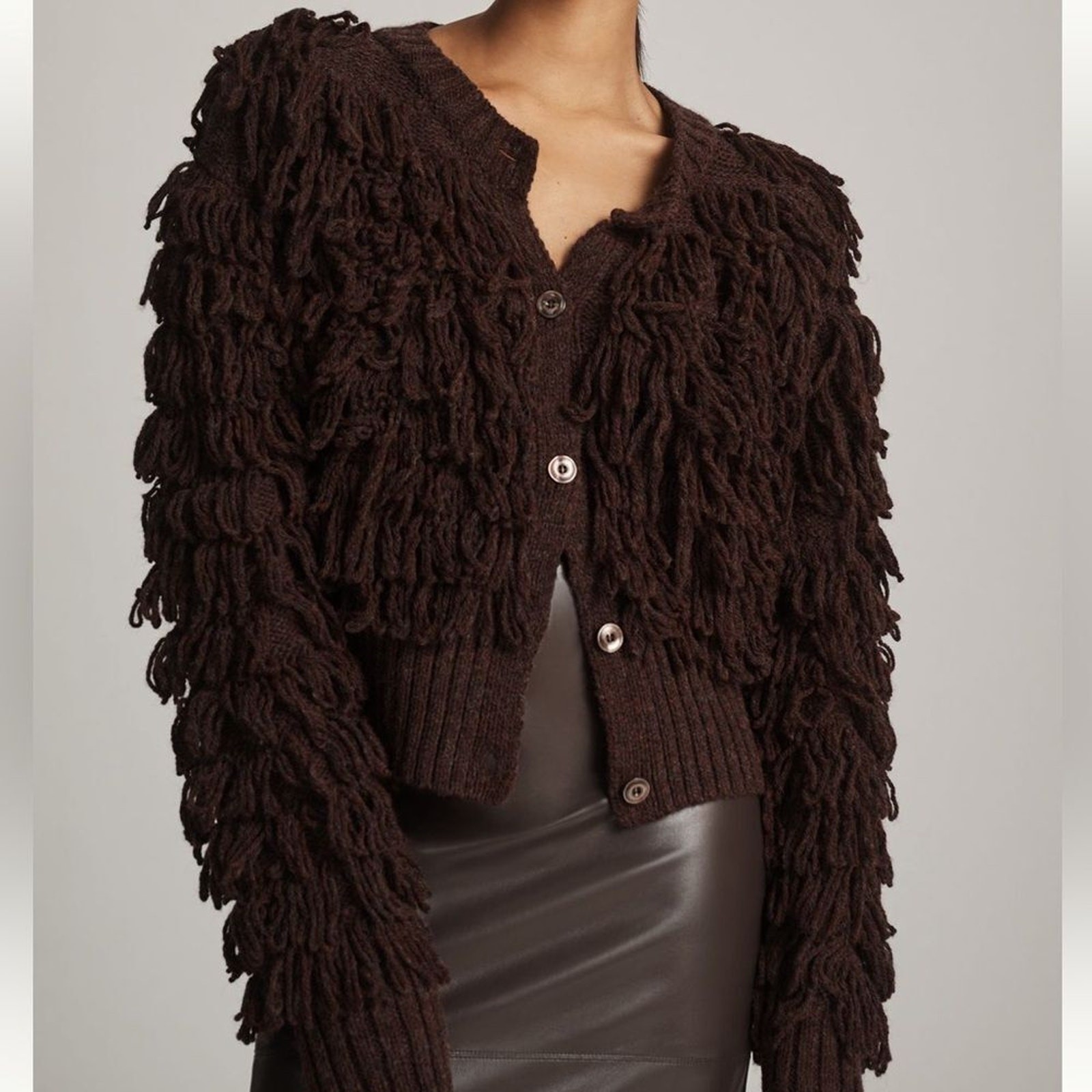 NWOT Anthropologie Loopy Fringe Cardigan Sweater in Brown Size XL & Medium