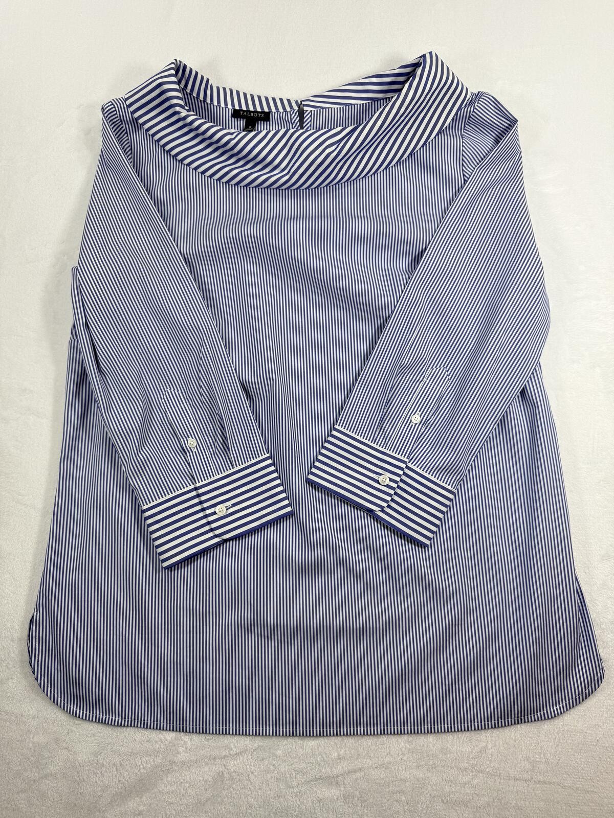 Talbots Blue White Striped Boat Neck Blouse Size Small 3/4 Sleeve Cotton