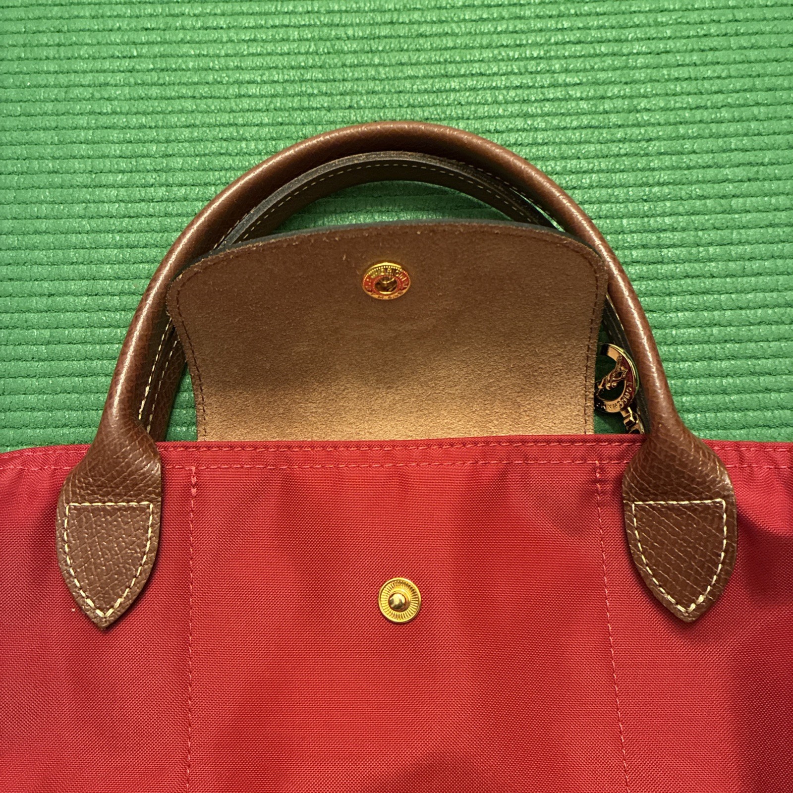 Longchamp Le Pliage Bag Womens Small Red Nylon Tote Leather Trim Gold Hardware