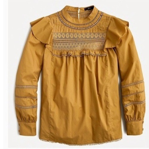 J.Crew Ruffle Shoulder Eyelet Lace Blouse Honey Brown Victorian Top XS