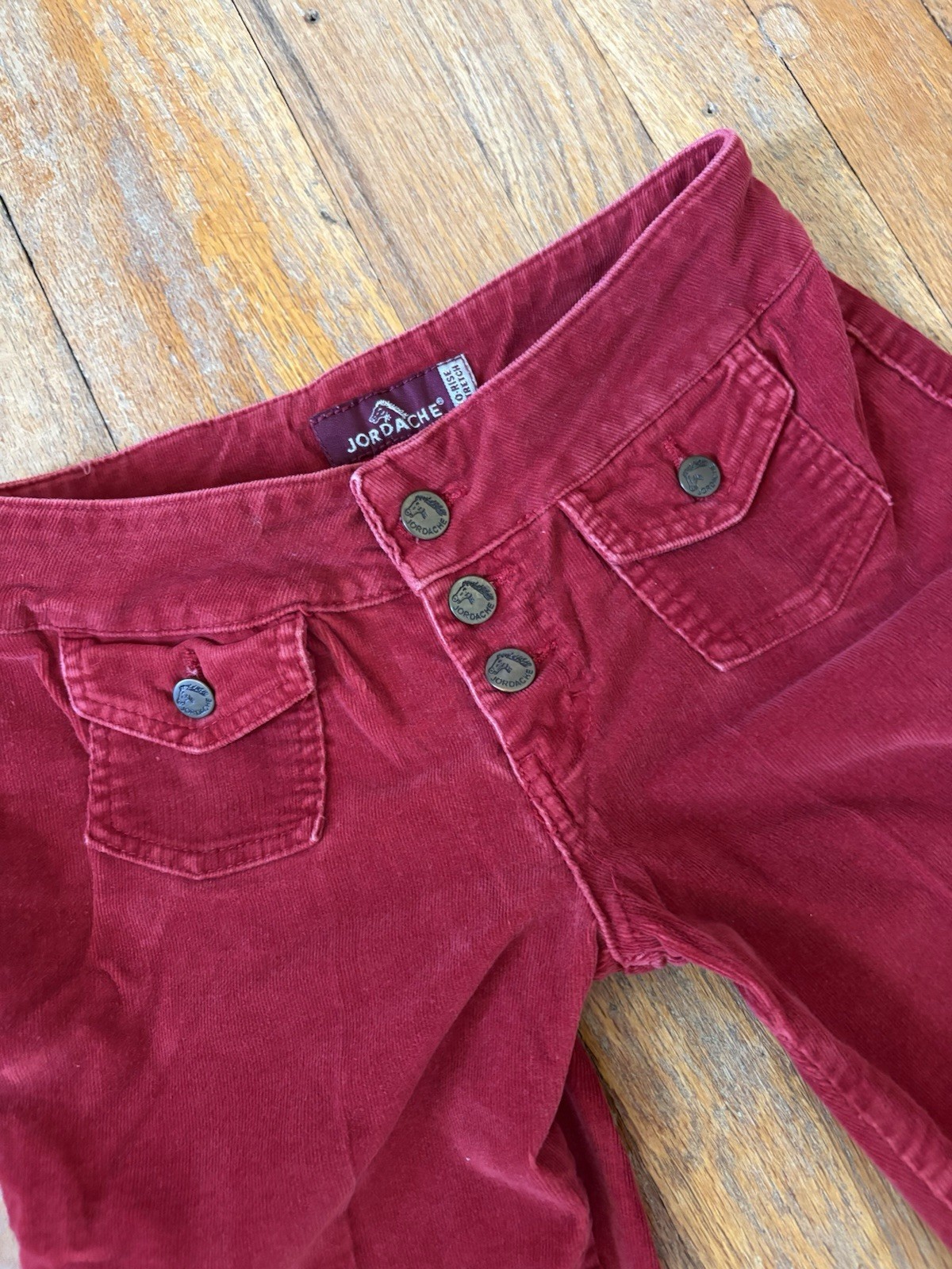 Jordache Red Corduroy Low Rise Stretch Flare Pants Pockets size 3/4