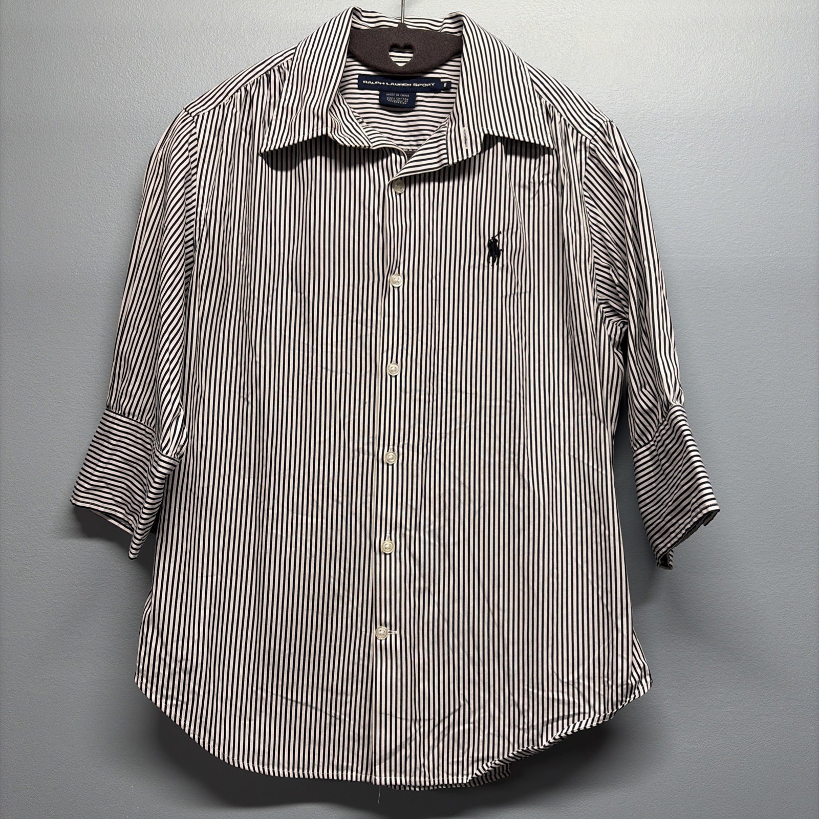 RALPH LAUREN SPORT Black & White Pin Stripe Slim Fit Blouse – 3/4 Sleeve – Sz 8