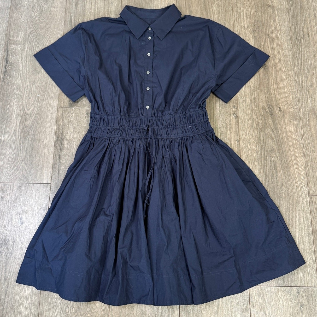 J.Crew Elena Mini Shirt Dress WMNS 10 Tall Navy Blue Cotton Poplin Smocked Waist
