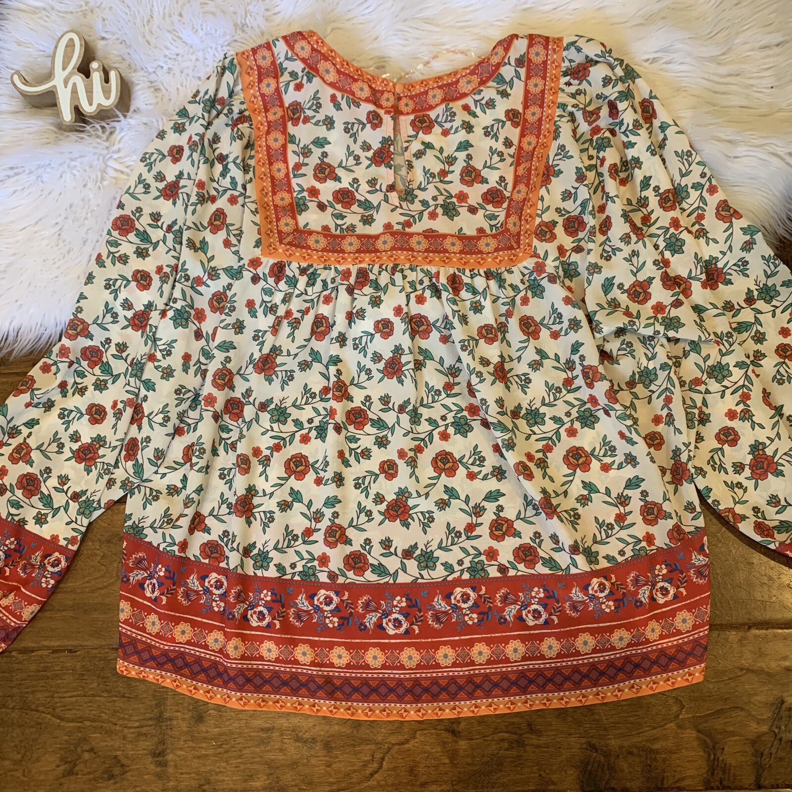 Flying Tomato Womens Boho Peasant Top Floral Lightweight Blouse Size Medium New