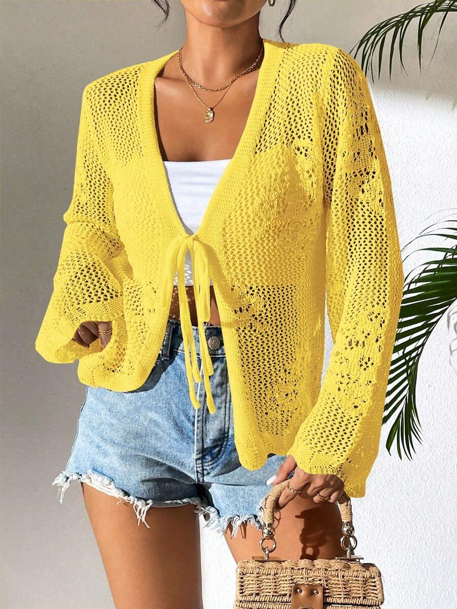 Women’s White Tie Front Cardigan Openwork Crochet Beach Cover Up Sweater