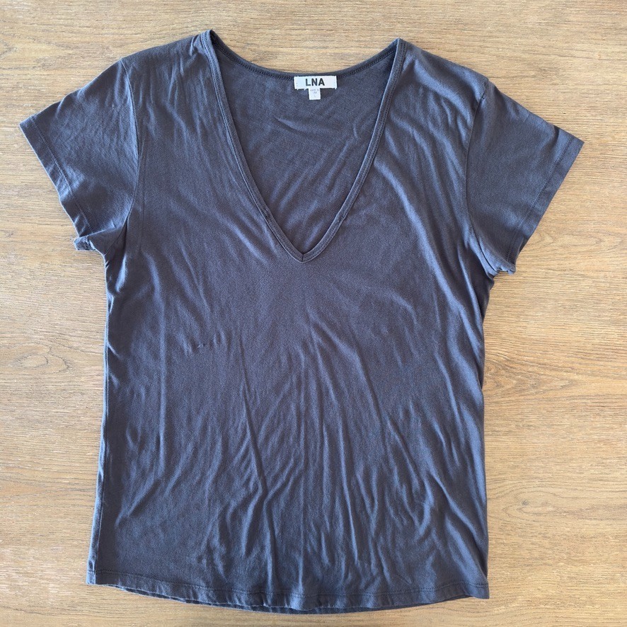 LNA Women’s Basic Dark Gray V-Neck 100% Cotton Short Sleeve Deep V T-Shirt-Sze L