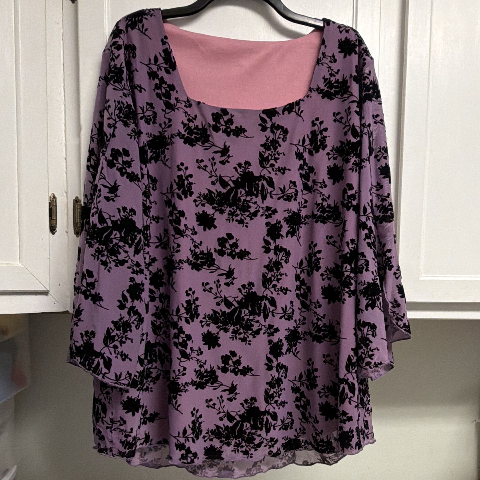 Women’s Plus 3XL Purple/Black Floral Square Neck 3/4 Sleeve Pullover Blouse