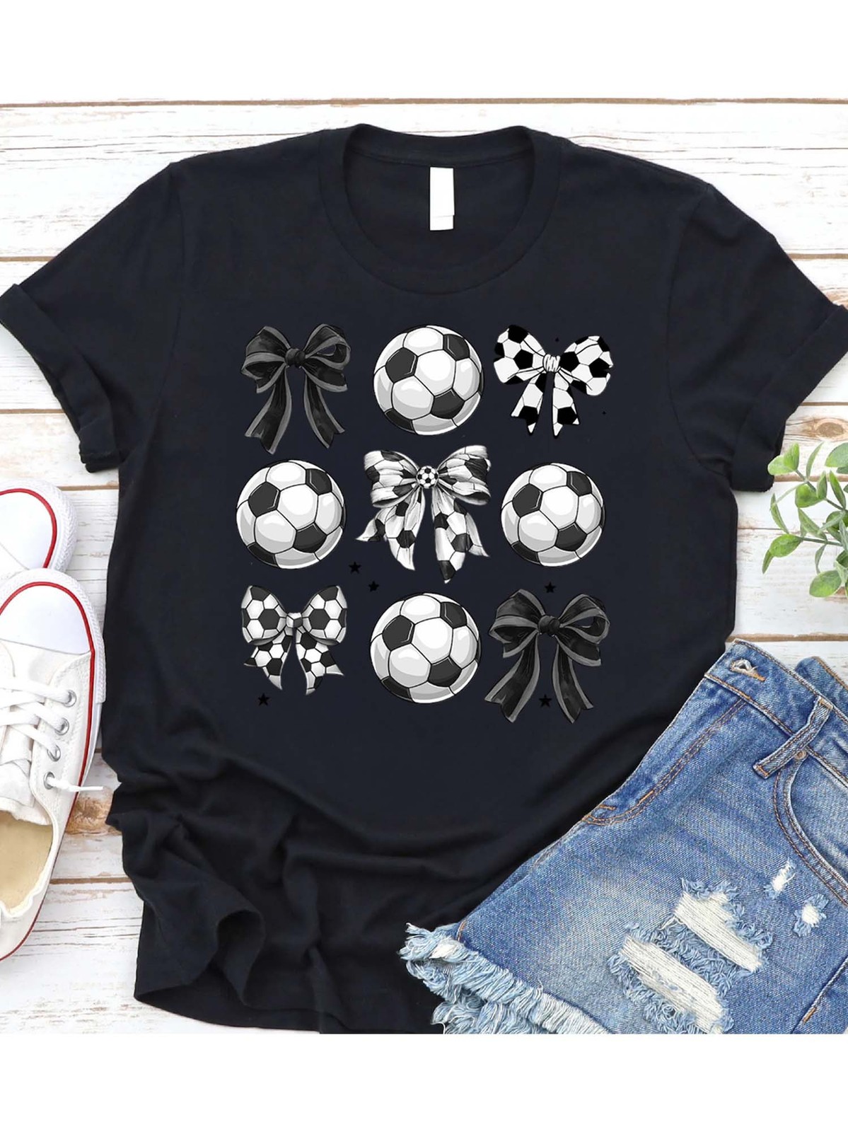 Soccer Ball and Bows Pattern T-Shirt | Trendy Coquette Aesthetic Sports Tee