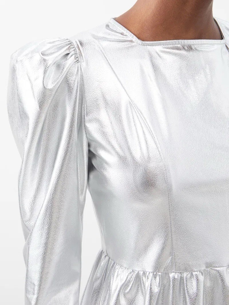 BATSHEVA Silver PVC Prairie Square Neck Ruffle Cocktail Party Mini Dress New 6