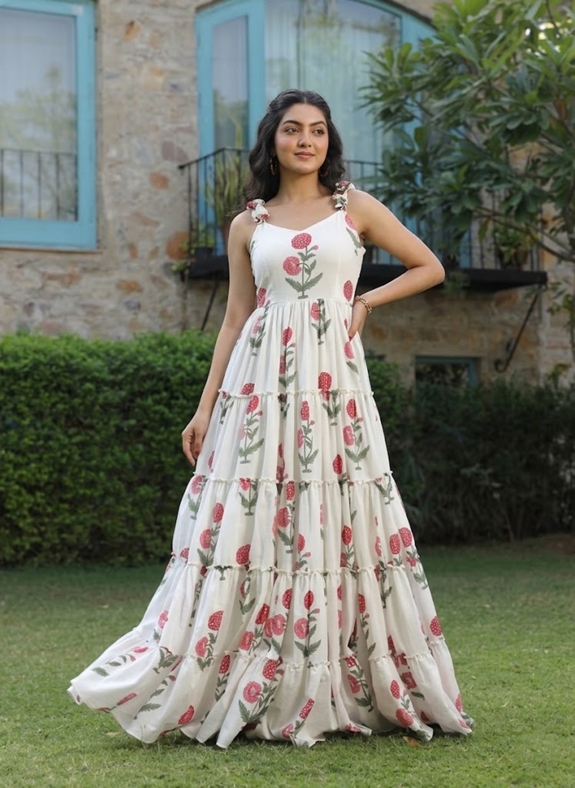 Women Pretty Gown, Bridesmaids Cotton Dress, Dreamy Floral Print Evening Maxi
