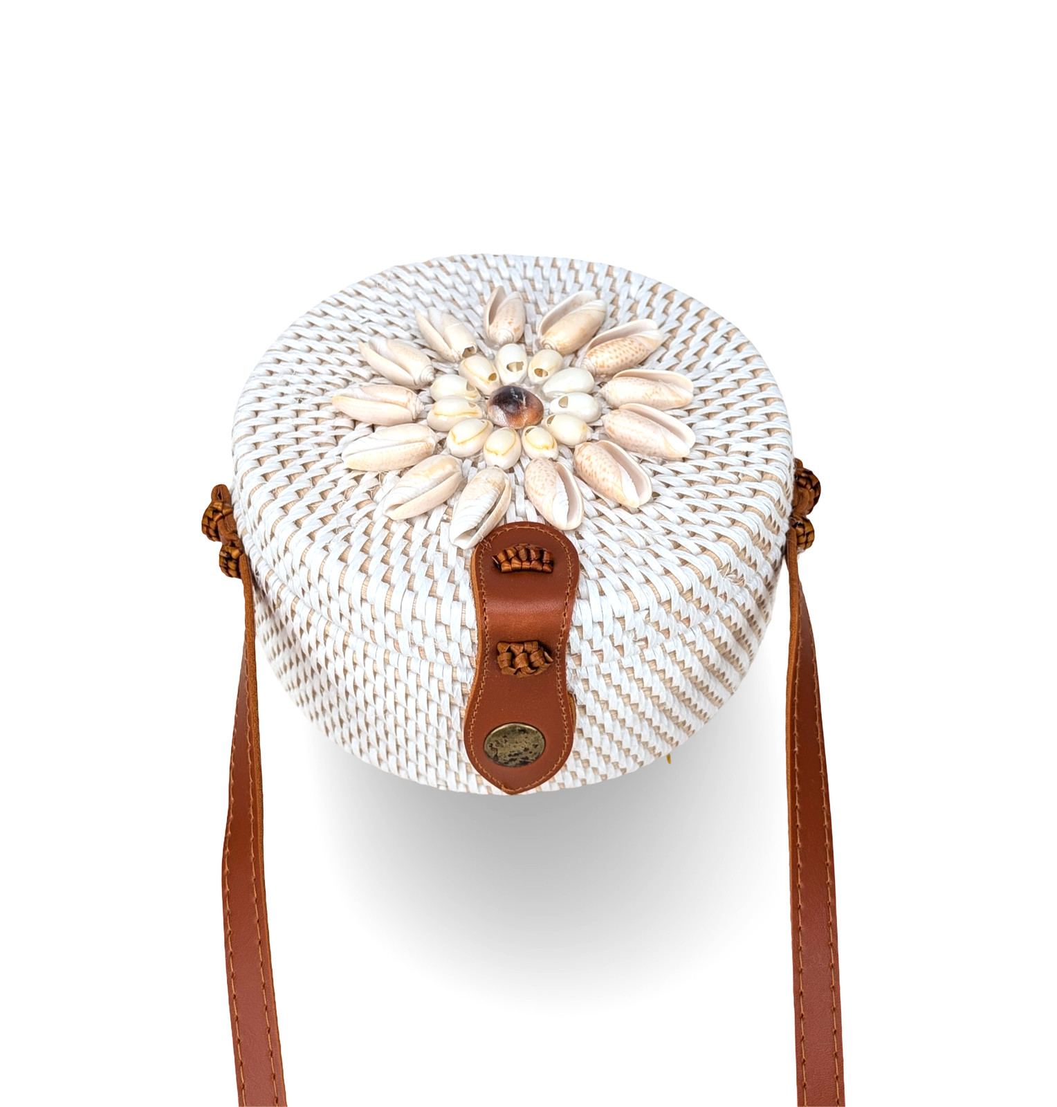 Coastal Boho Handbag, Seashell Floral Purse, Rattan Boho Bag, Bali Style Bag