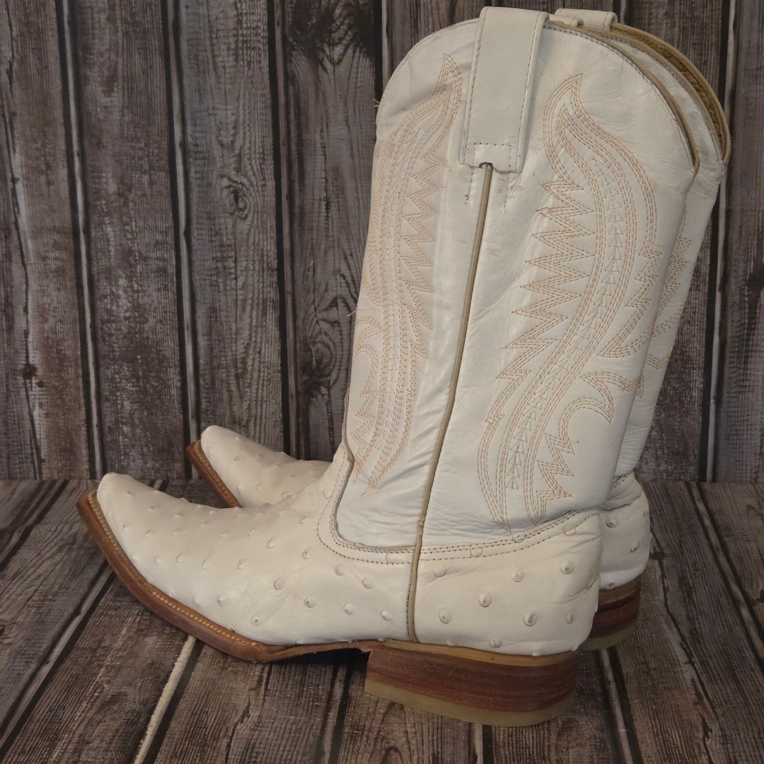 Sz 8.5 US Mens Los Gueritos Full Quill Ostrich White Western Cowboy Boots VGUC