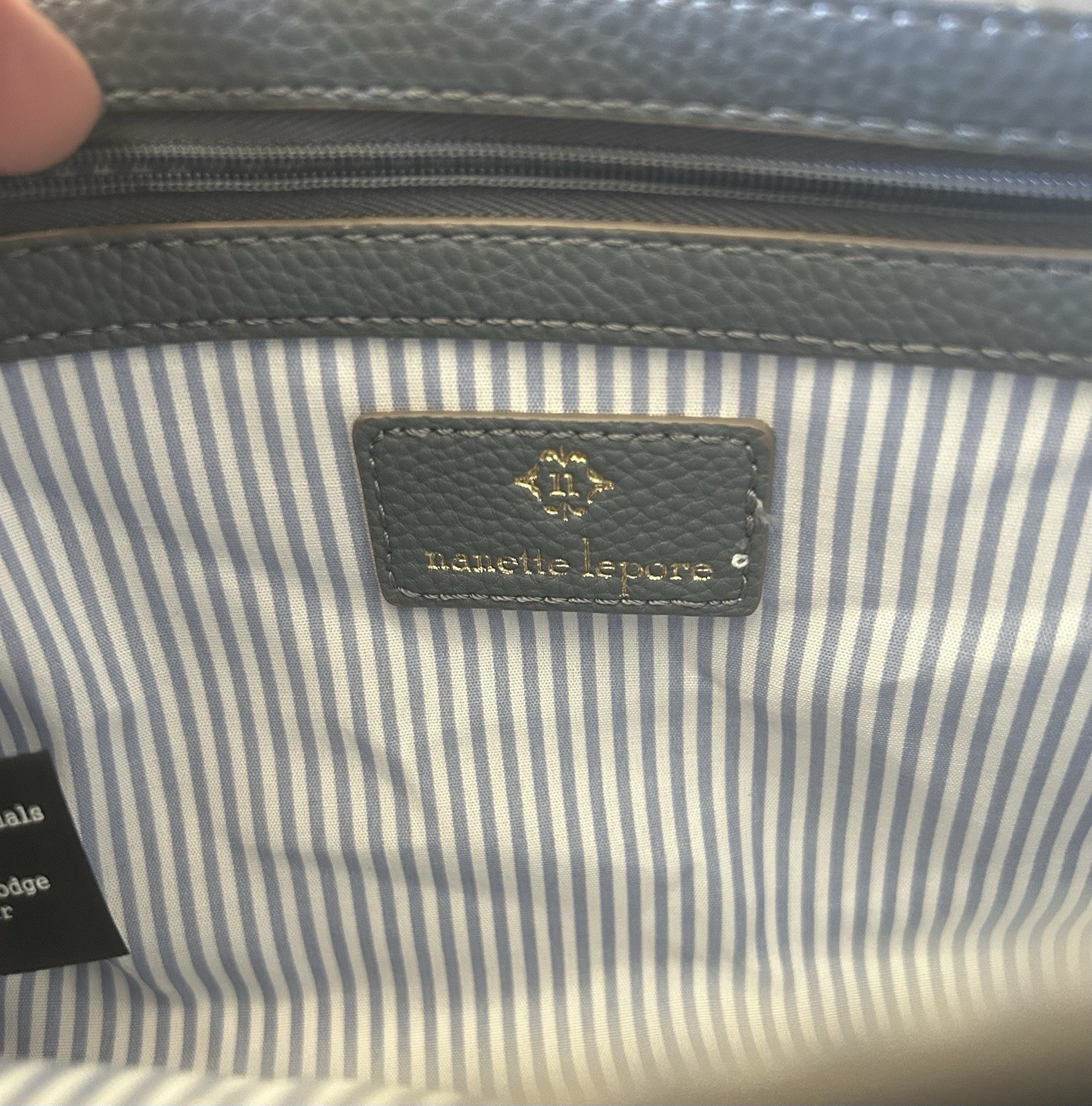 Nanette Lepore Light Blue Pebbled Crossbody Bag Gold Hardware Zip Striped Lining
