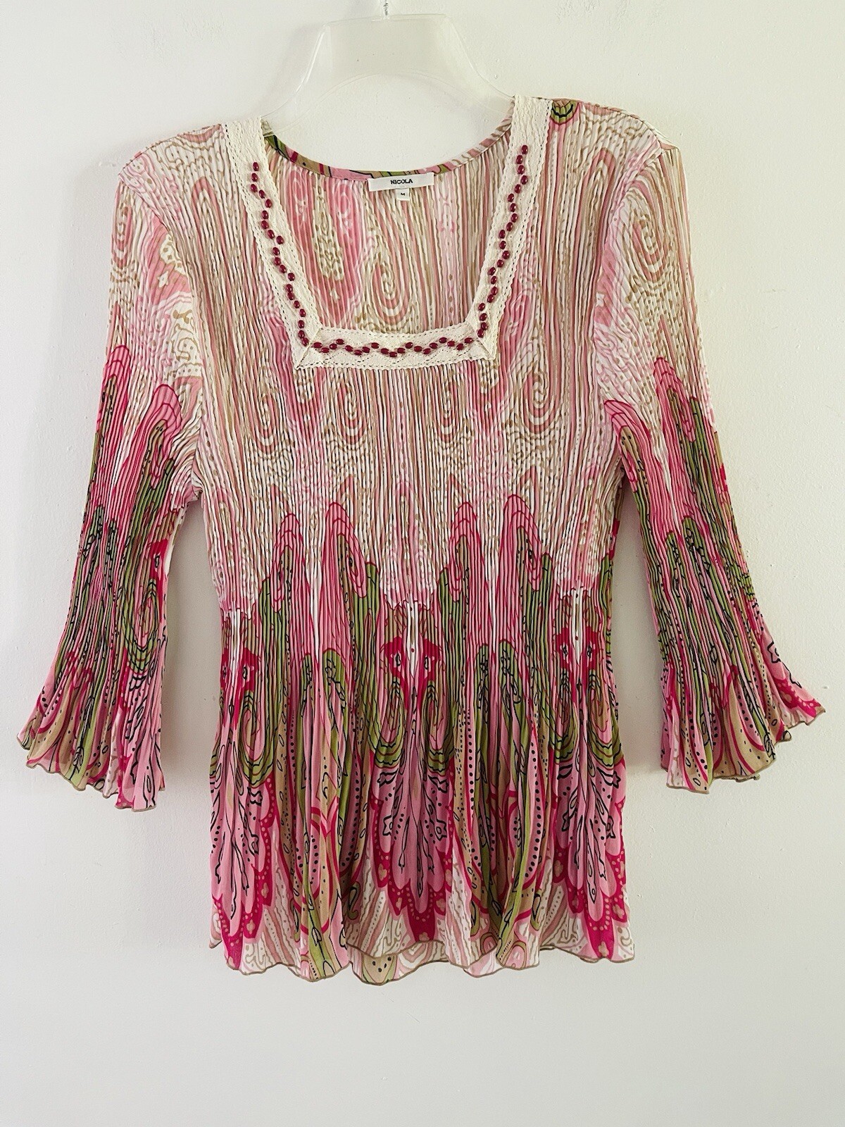 Nicola Pink Green Crinkle Bell Sleeves Top Blouse Stretch Size Medium