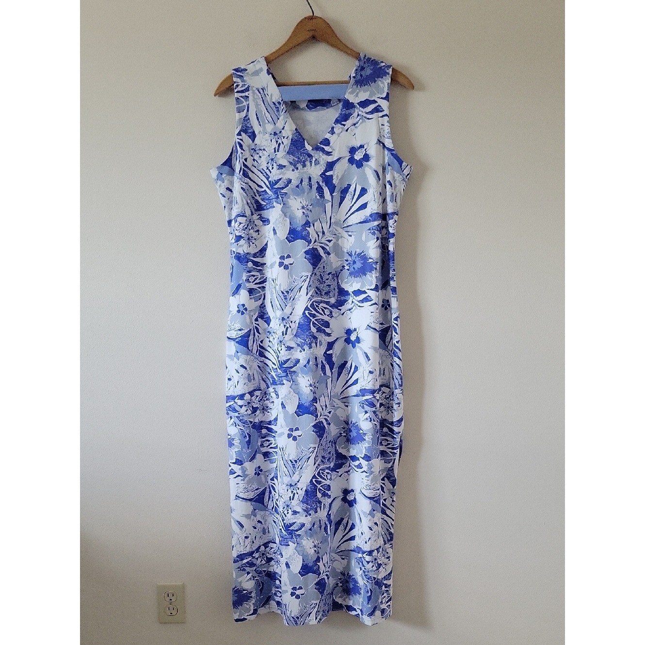 Ana Clare Blue White Tropical Emilee Maxi Shift Dress Size Large