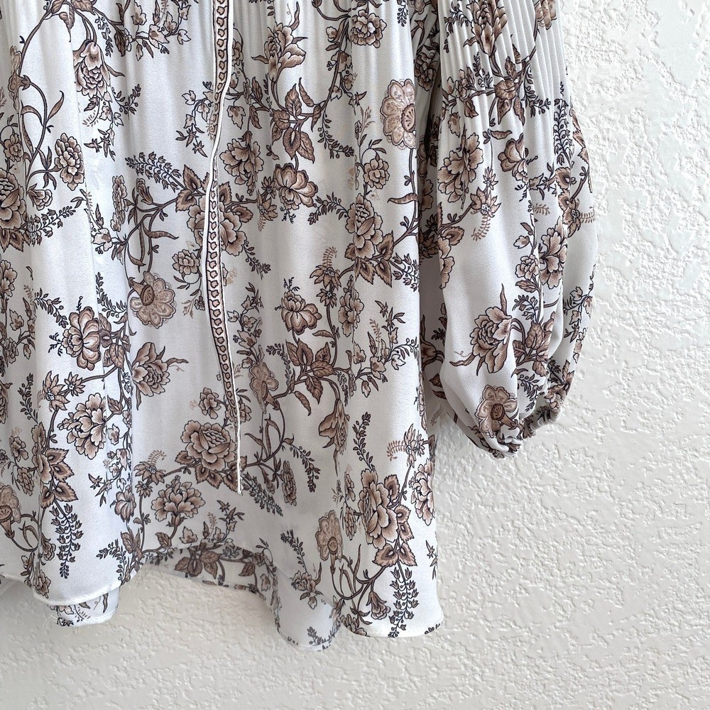 Max Studio Floral Pleated Peasant Blouse Boho Chic Balloon Sleeve Brown White 3X