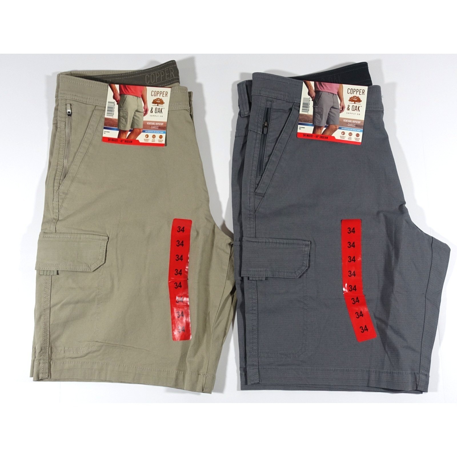 Copper and Oak Men Cargo Shorts 34 Ripstop Security Pocket Flex Stretch 2 Pair