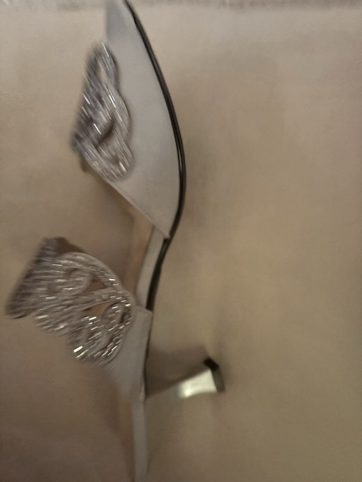 J.Renne slip one. Light gray with silver studded rhinestones. Kitty heels