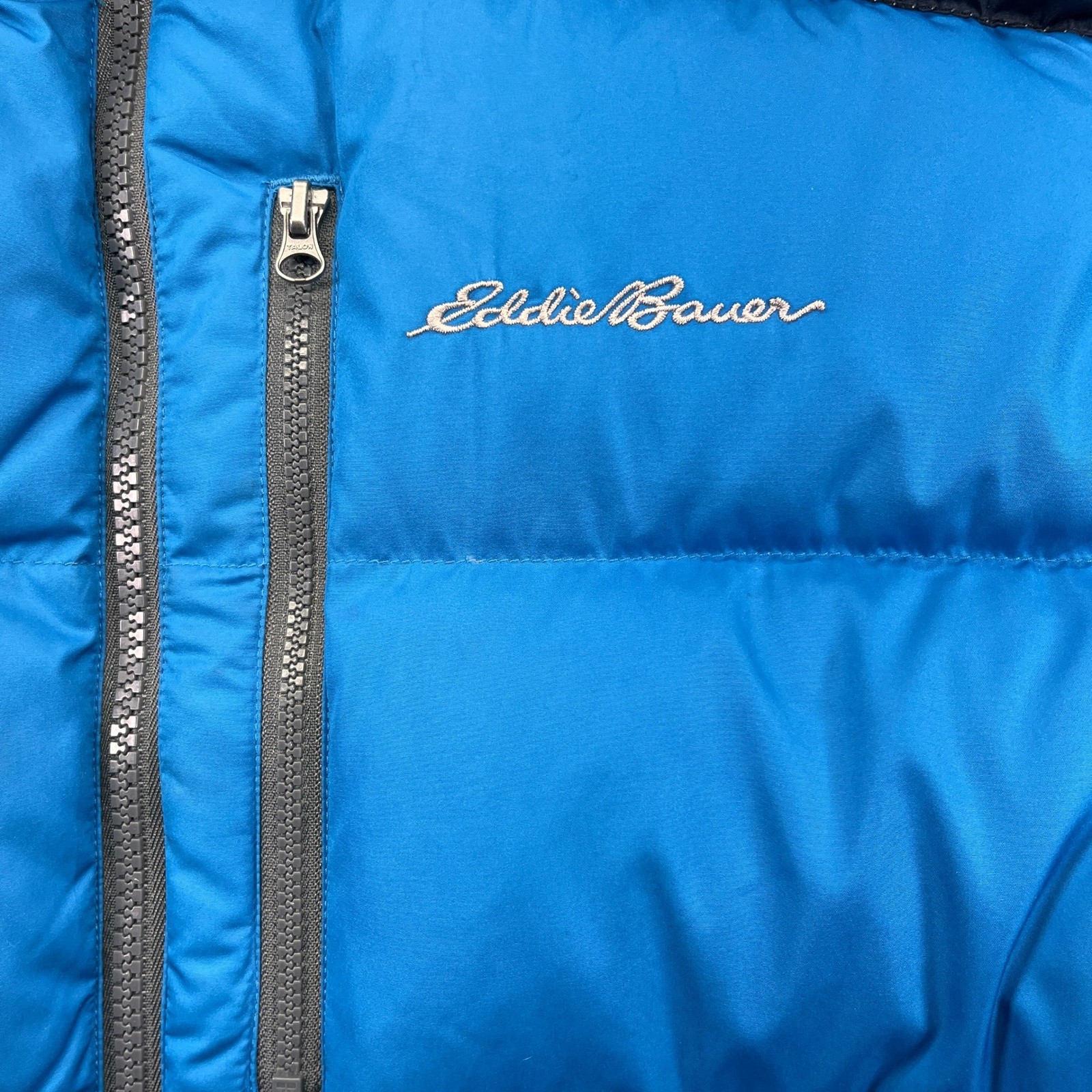 Eddie Bauer Puffer Jacket Mens Medium Blue Black EB650 Down Fill Winter Coat