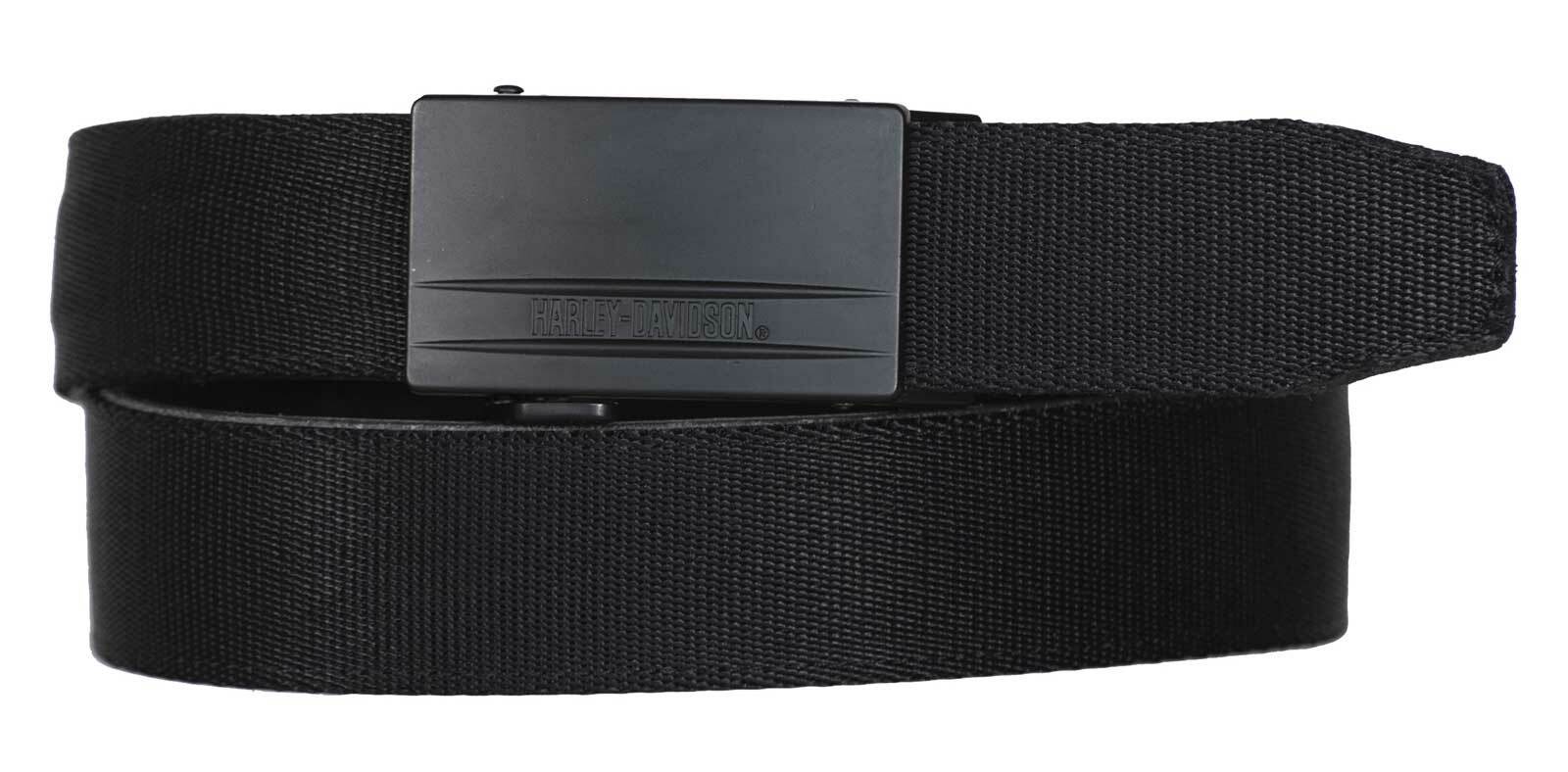 Harley-Davidson Men’s Bikers Ratchet Nylon Webbing & Leather Belt – Black