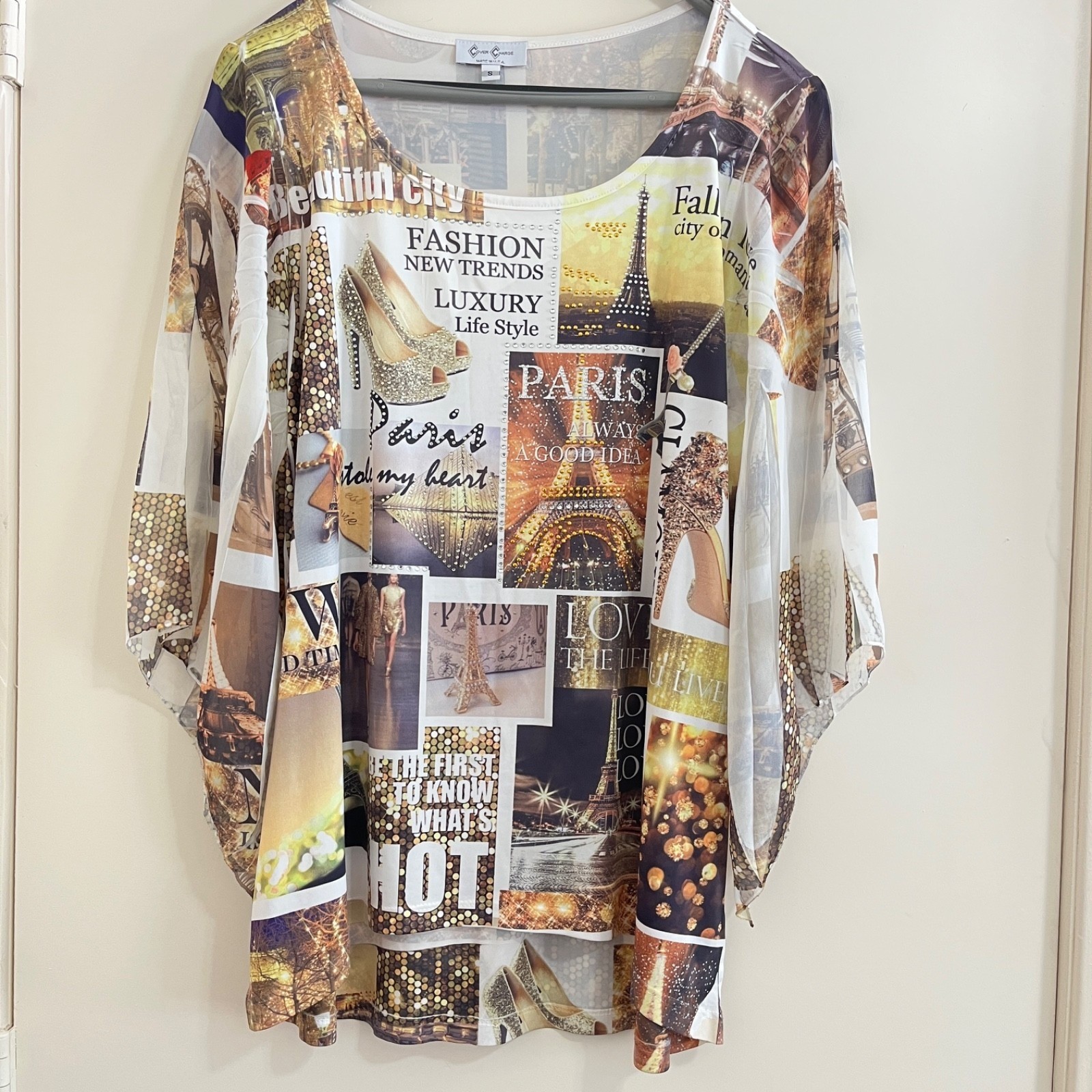 Paris Eiffel Tower Print Women Tunic Top Small Sheer Dolman Sleeve Stretch USA