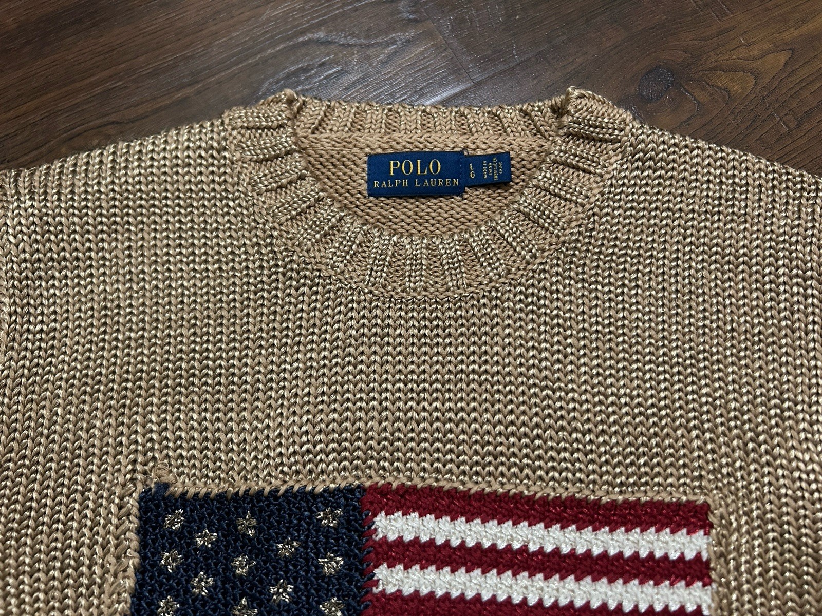 Size L. Polo Ralph Lauren Gold Knit Sweater American Flag Embroidery
