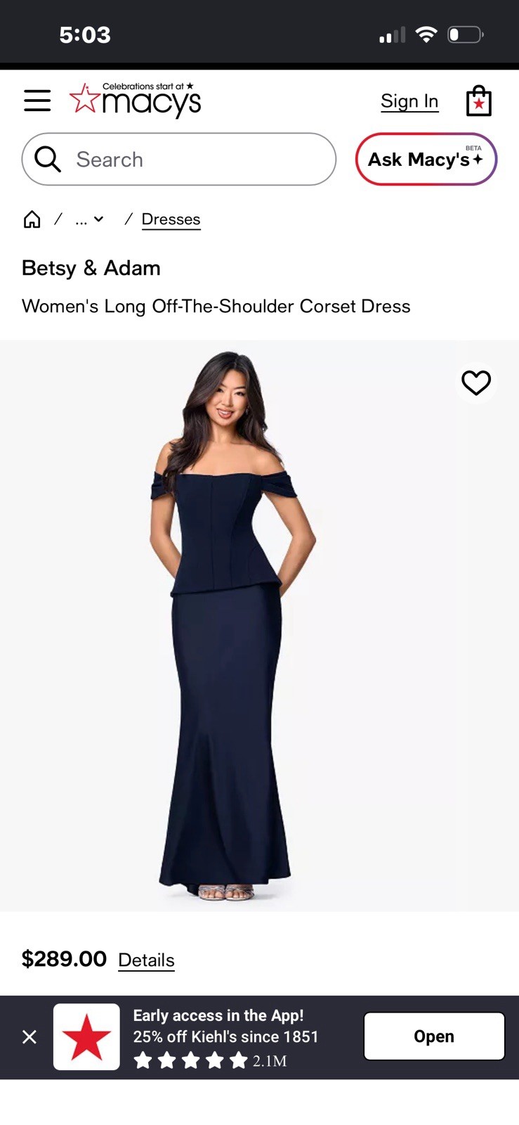 Betsy & Adam Women’s Long Off-The-Shoulder Corset Dress Size 2