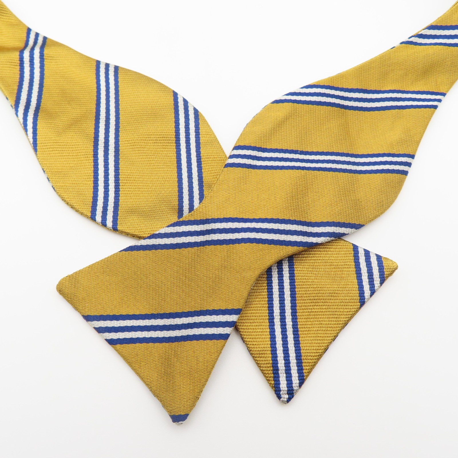 Brooks Brothers Bow Tie Silk Yellow Gold Blue Striped 2.25″ Wide Self Tie USA