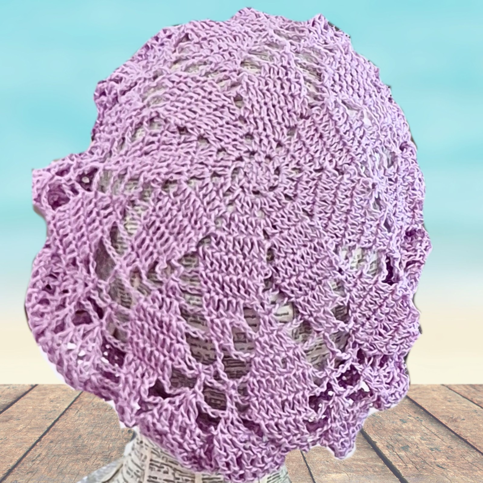 Crochet Lace “Boho” Hat – Light Purple Cotton- Adult One Size